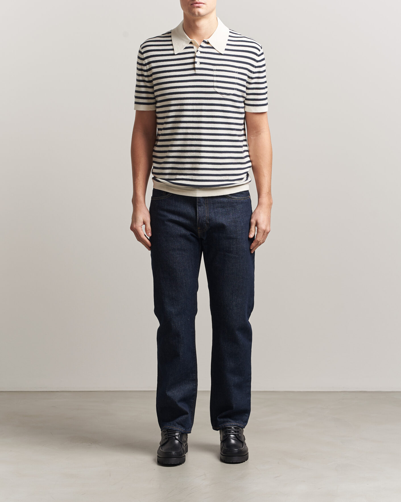 Mies | Pikeet | A.P.C. | Eliot Cotton/Cashmere Knitted Polo Ecru/Navy