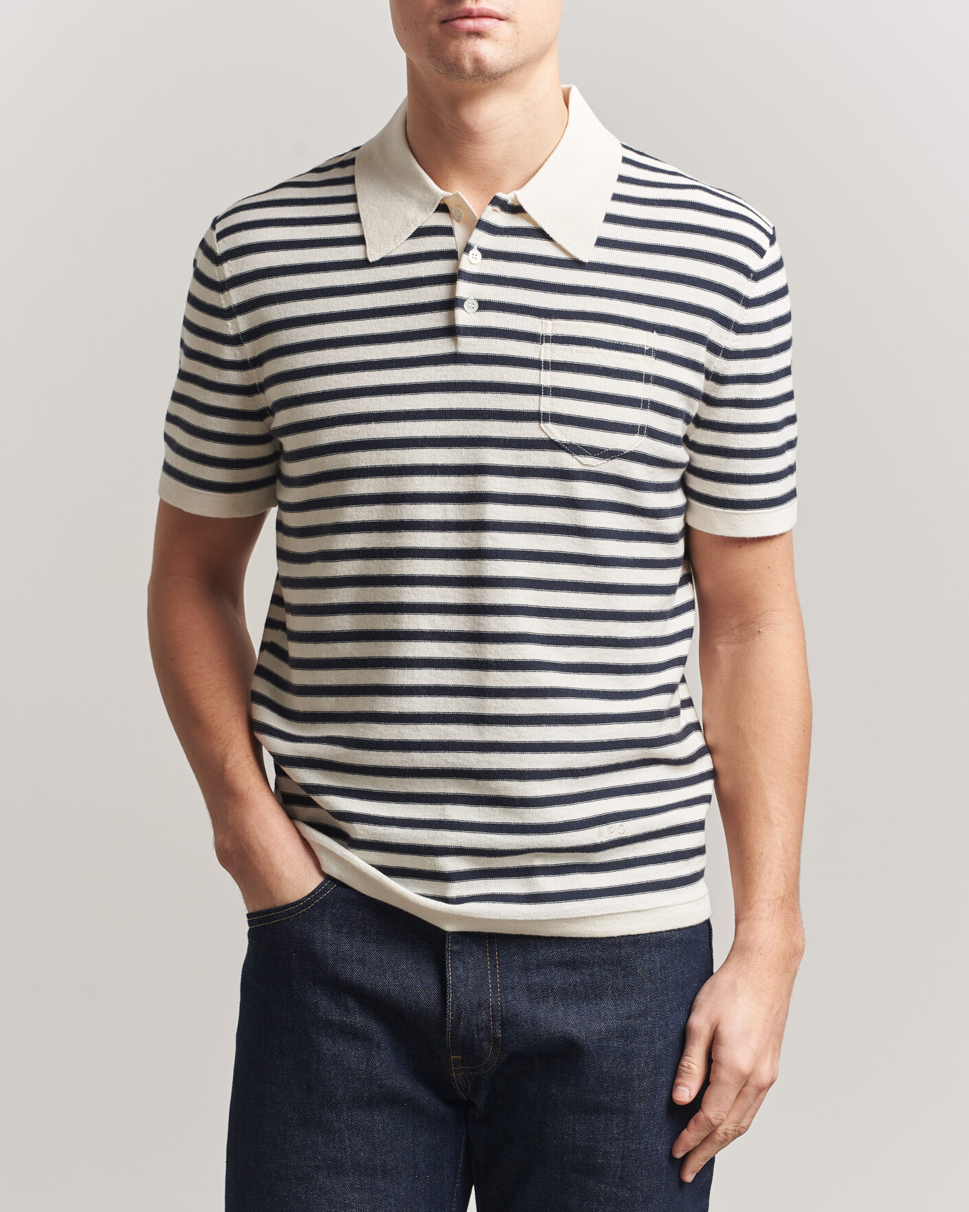 Mies | Pikeet | A.P.C. | Eliot Cotton/Cashmere Knitted Polo Ecru/Navy