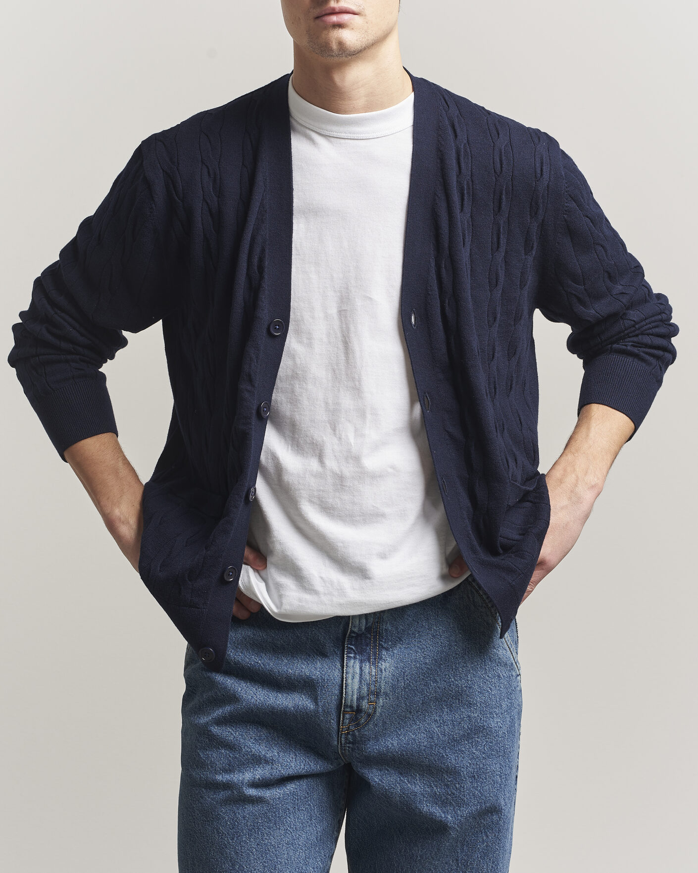 Mies | Puserot | Filippa K | Cotton/Merino Cable Cardigan Navy