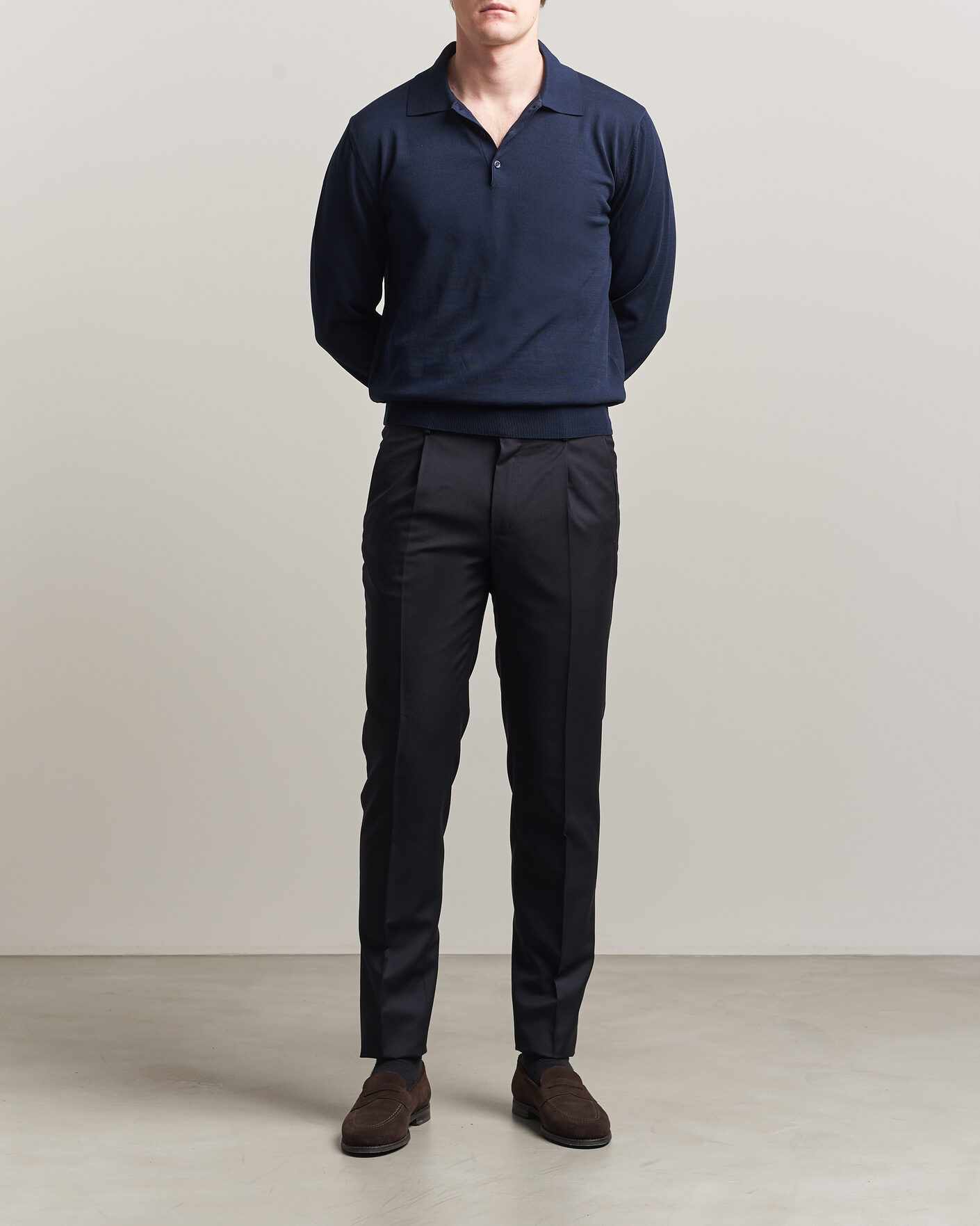 Mies | Puserot | Canali | Cotton Long Sleeve Polo Navy