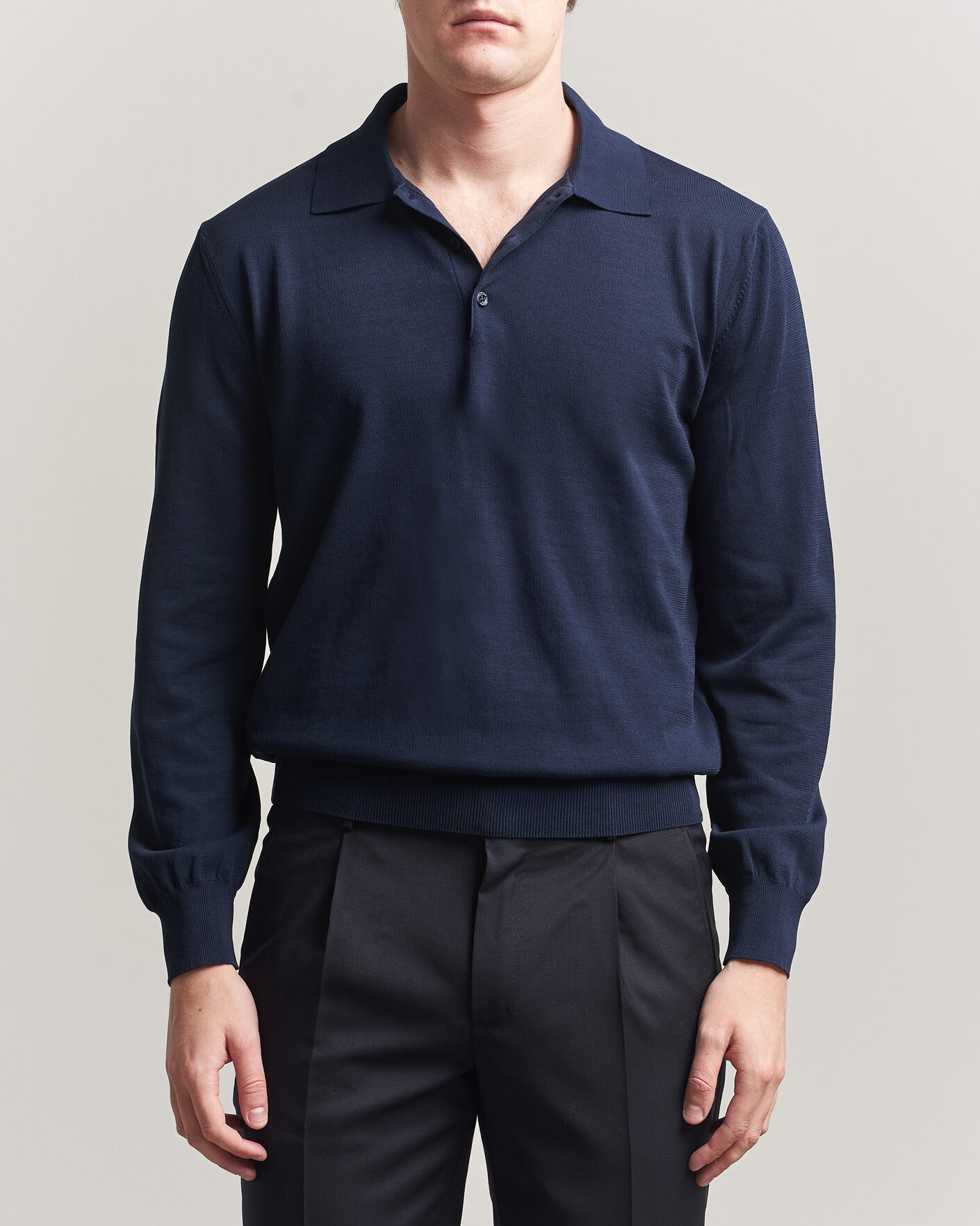 Mies | Puserot | Canali | Cotton Long Sleeve Polo Navy