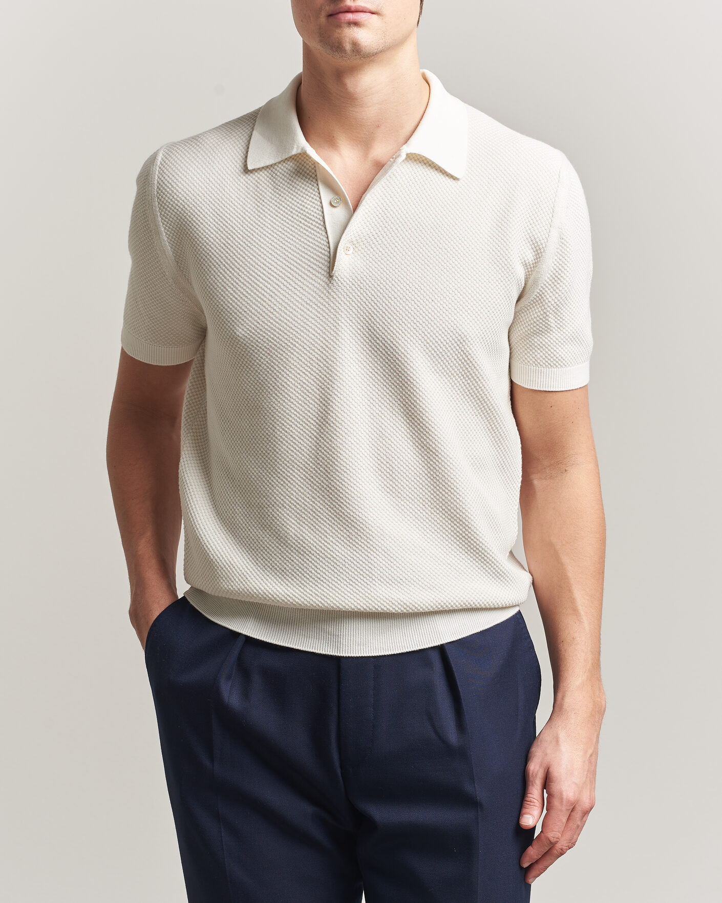Mies | Pikeet | Canali | Textured Knit Short Sleeve Polo Off White