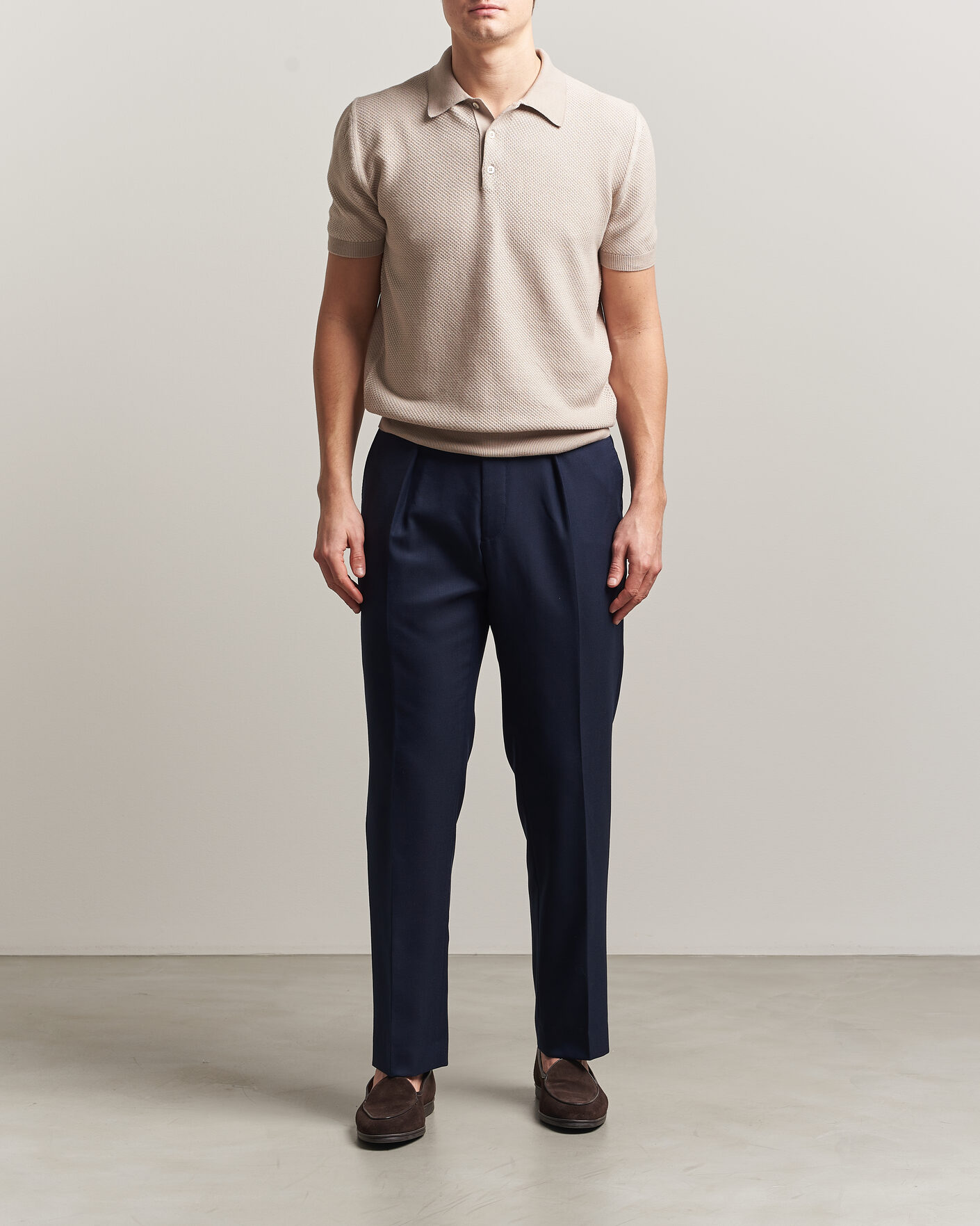 Mies | Pikeet | Canali | Textured Knit Short Sleeve Polo Light Beige