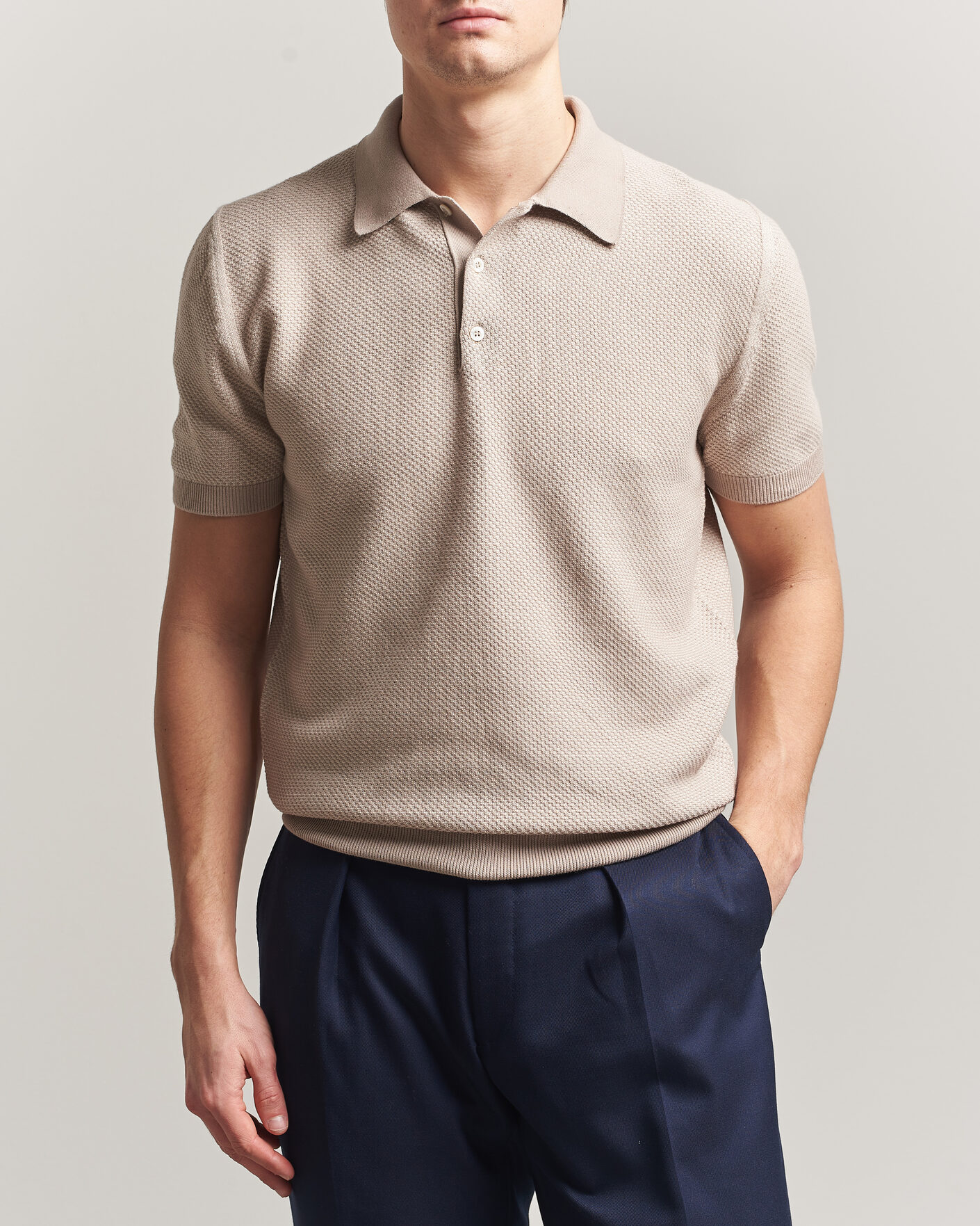 Mies | Pikeet | Canali | Textured Knit Short Sleeve Polo Light Beige