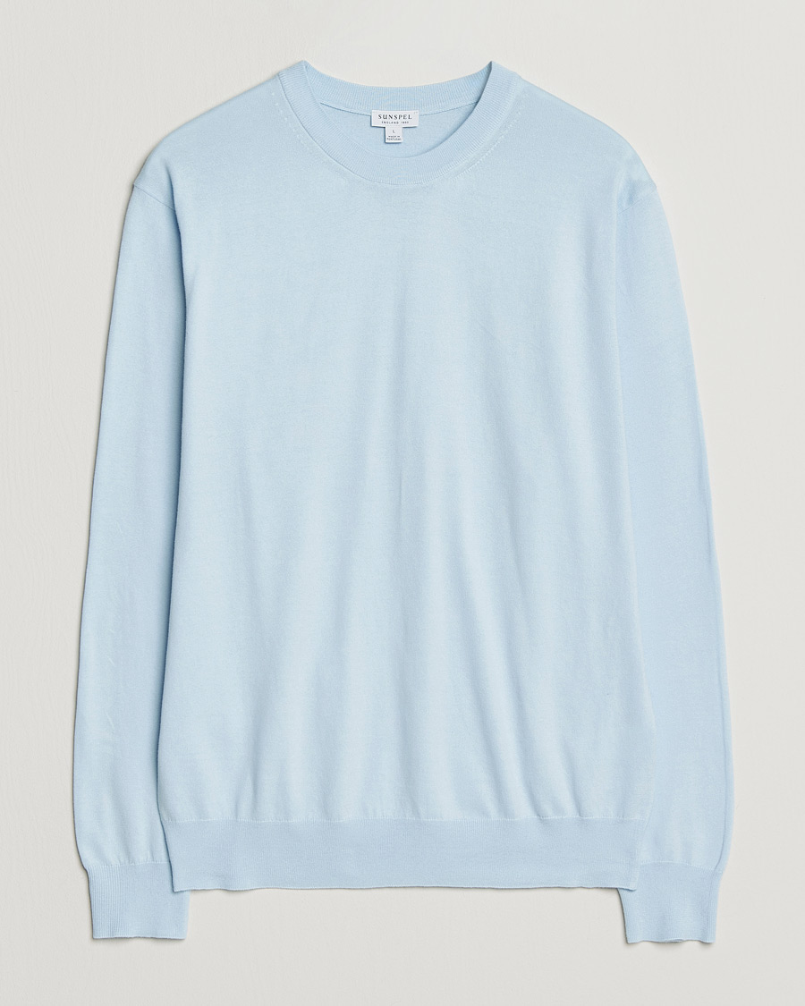 Mies | Puserot | Sunspel | Lightweight Knitted Cotton Crew Pastel Blue