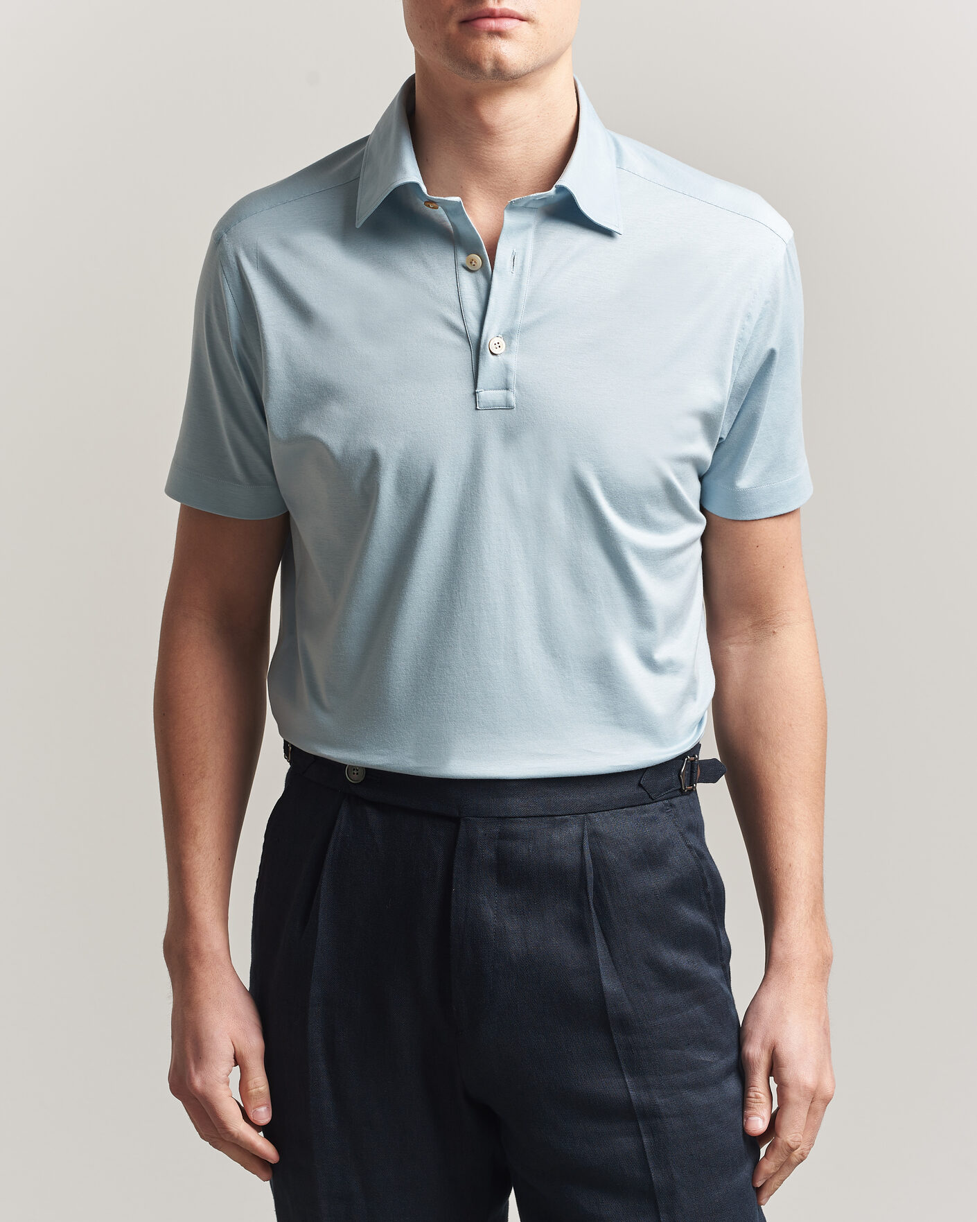 Mies | Pikeet | Kiton | Short Sleeve Jersey Polo Sky Blue