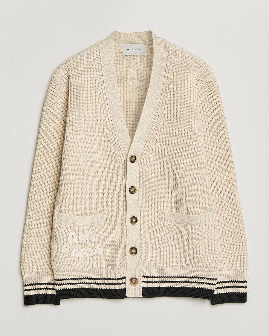 Mies | Puserot | AMI | Wool/Cotton Ribbed Cardigan Creme