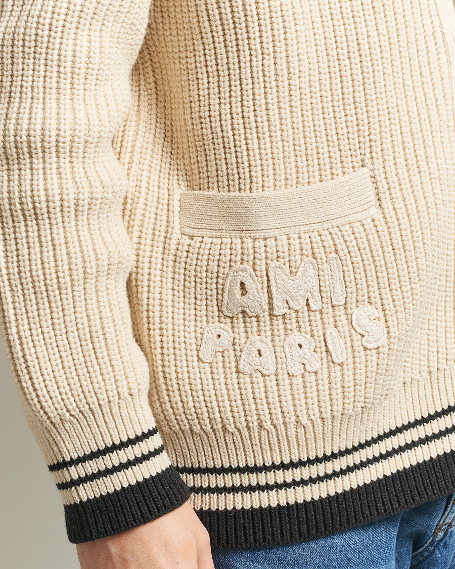Mies | Puserot | AMI | Wool/Cotton Ribbed Cardigan Creme
