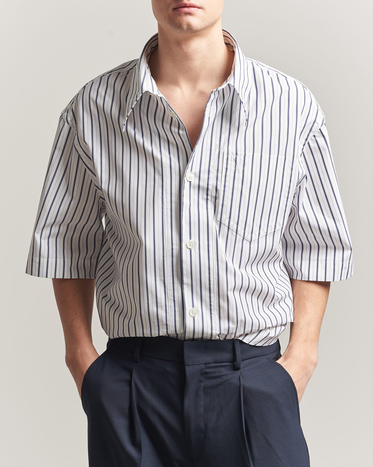 Mies | Kauluspaidat | AMI | Short Sleeve Camp Collar Shirt White/Blue