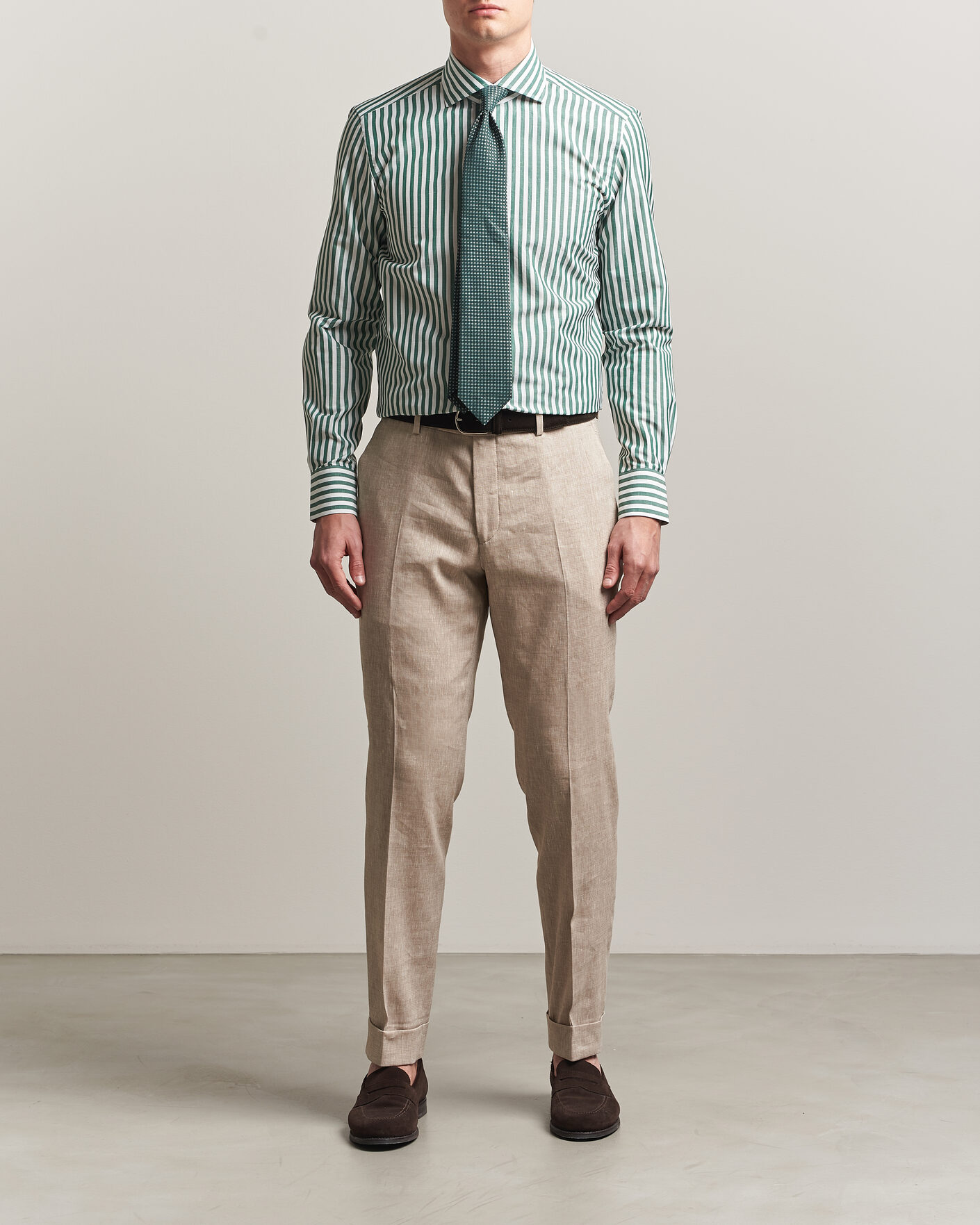 Mies | Kauluspaidat | 100Hands | Cotton/Linen Bengal Stripe Shirt Green