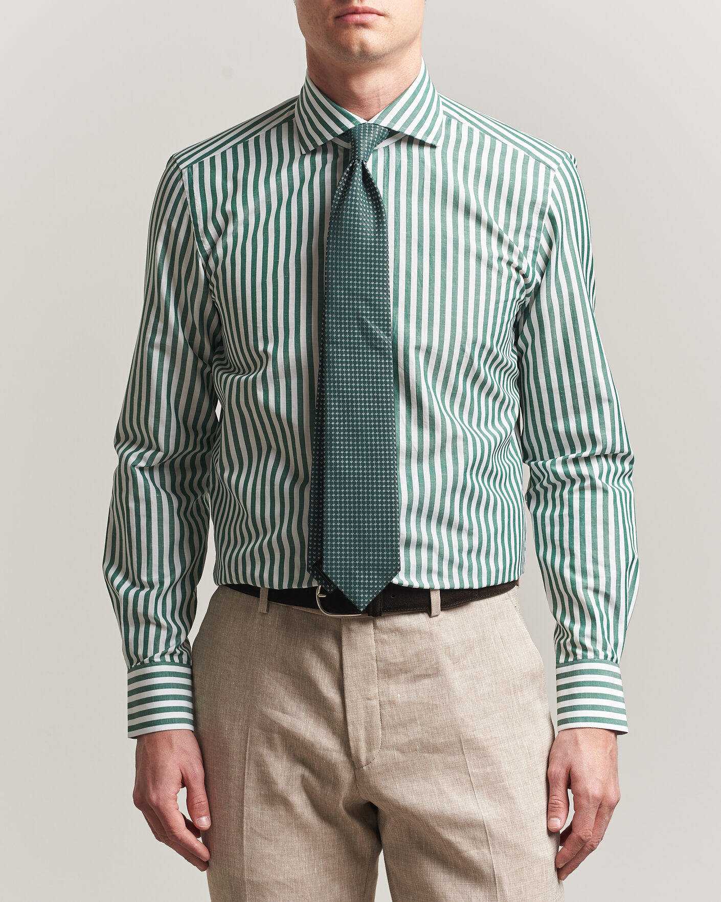 Mies | Kauluspaidat | 100Hands | Cotton/Linen Bengal Stripe Shirt Green