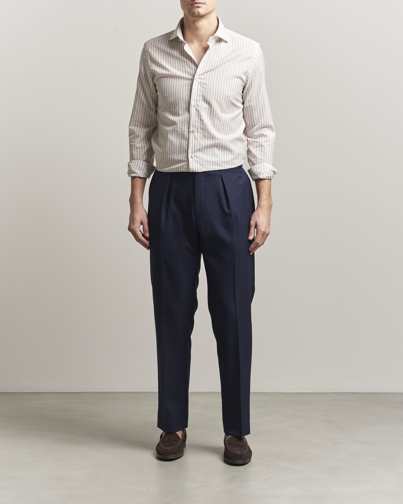 Mies | Kauluspaidat | 100Hands | Cotton/Linen Bengal Stripe Shirt Light Brown