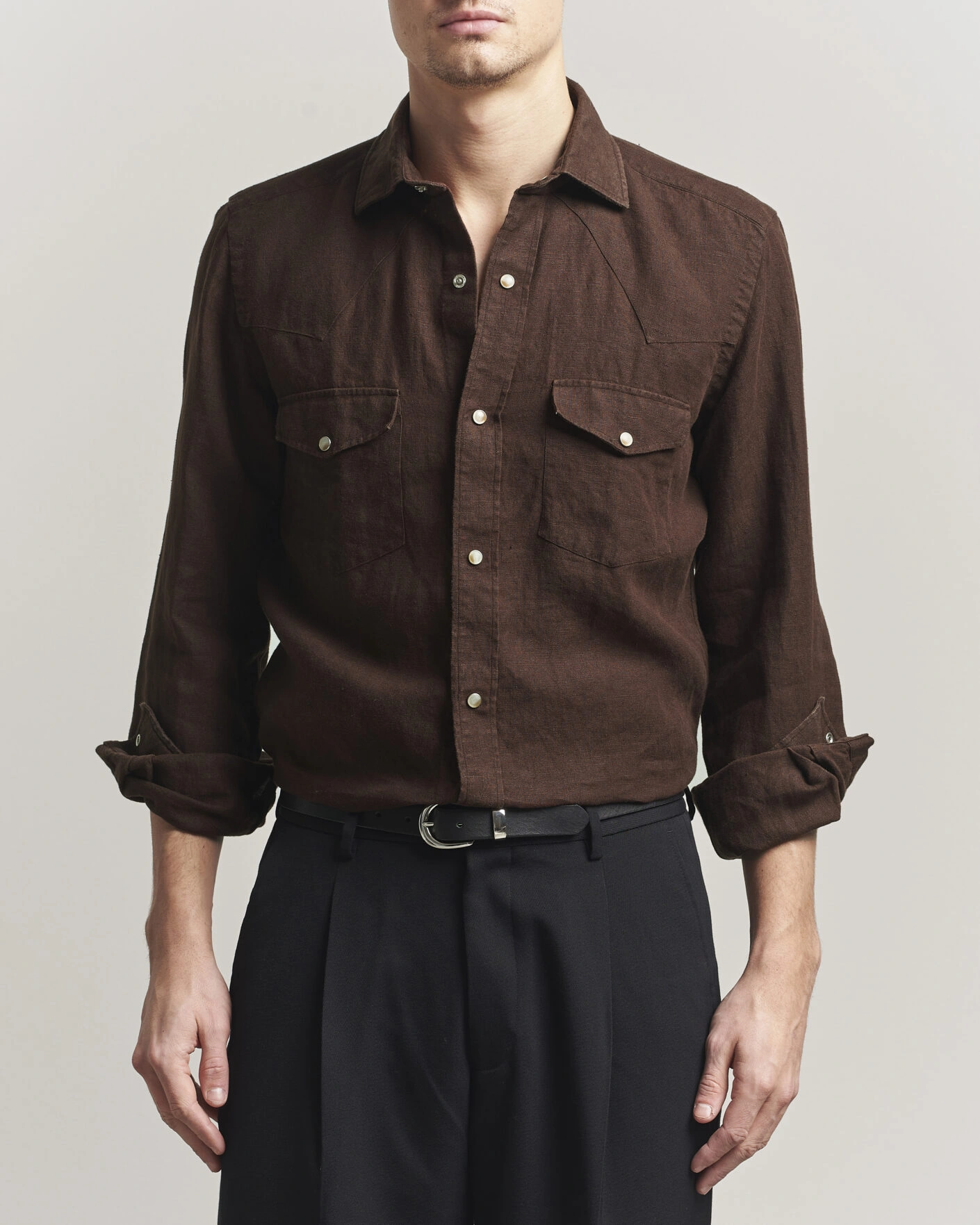 Mies | Kauluspaidat | 100Hands | Two Pocket Western Linen Shirt Chocolate