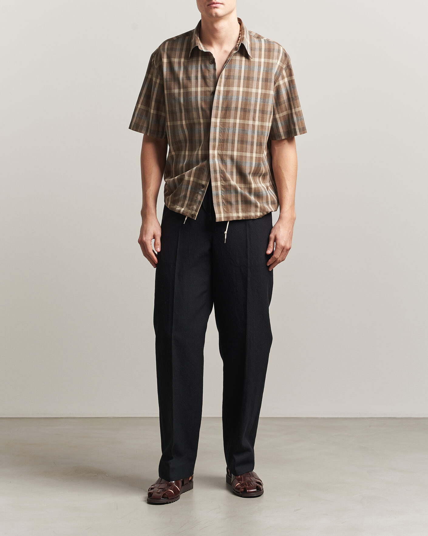 Mies | Kauluspaidat | Auralee | Tropical Wool Half Sleeve Shirt Brown Check