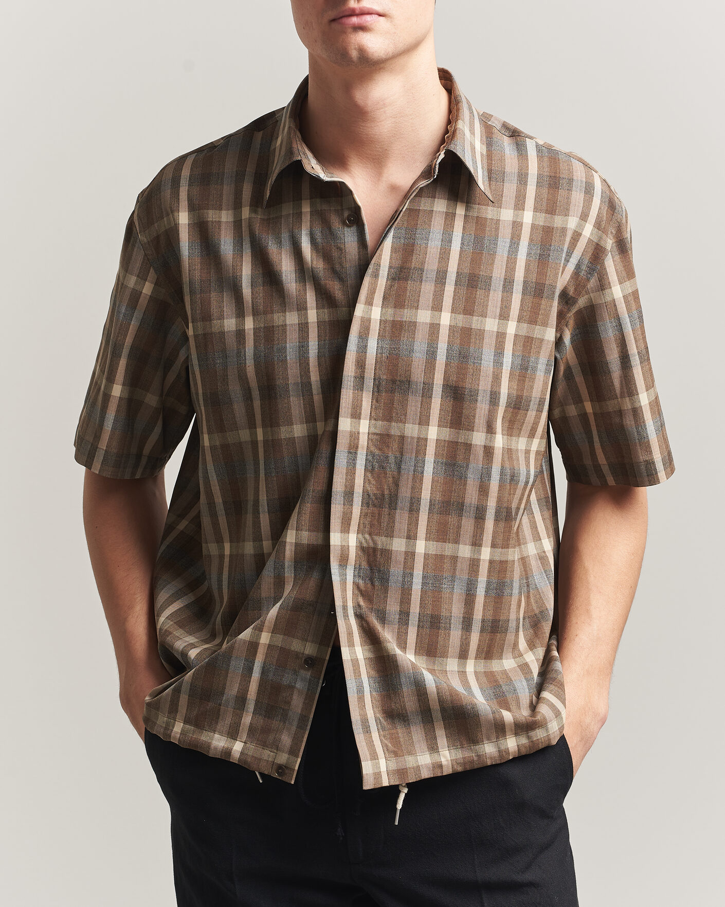 Mies | Kauluspaidat | Auralee | Tropical Wool Half Sleeve Shirt Brown Check