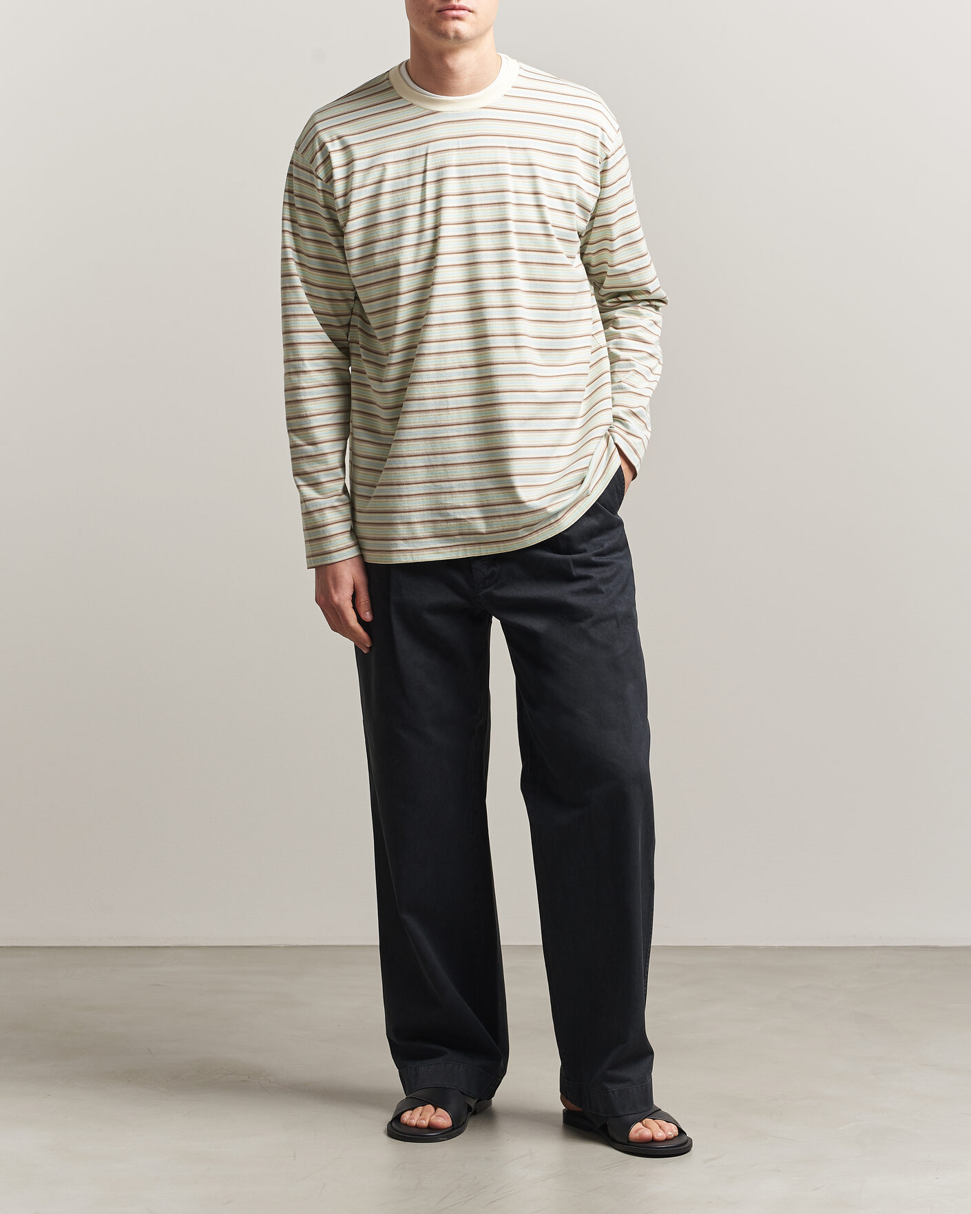 Mies | T-paidat | Auralee | Long Sleeve Cotton T-Shirt Mint Stripe