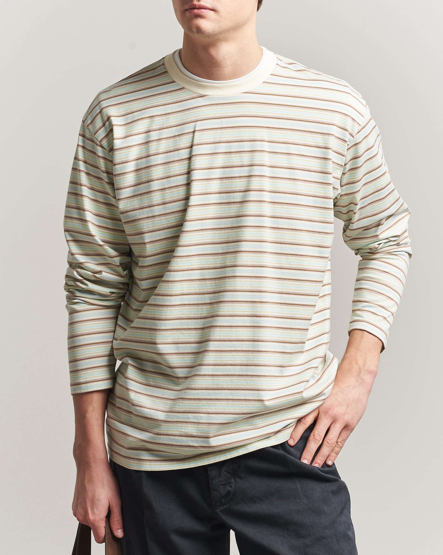 Mies | T-paidat | Auralee | Long Sleeve Cotton T-Shirt Mint Stripe
