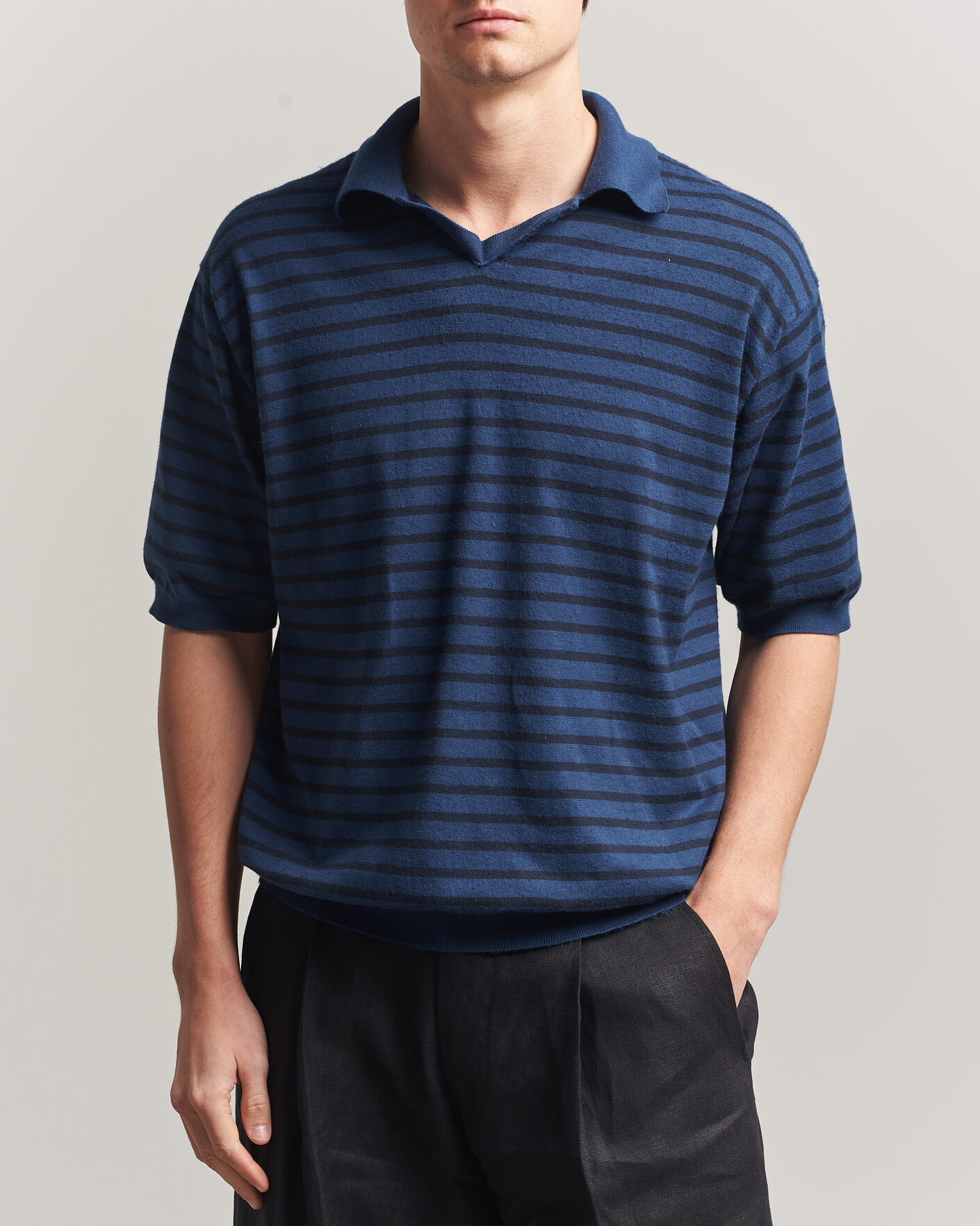 Mies | Pikeet | Auralee | Cotton Knit Skipper Polo Navy Stripe