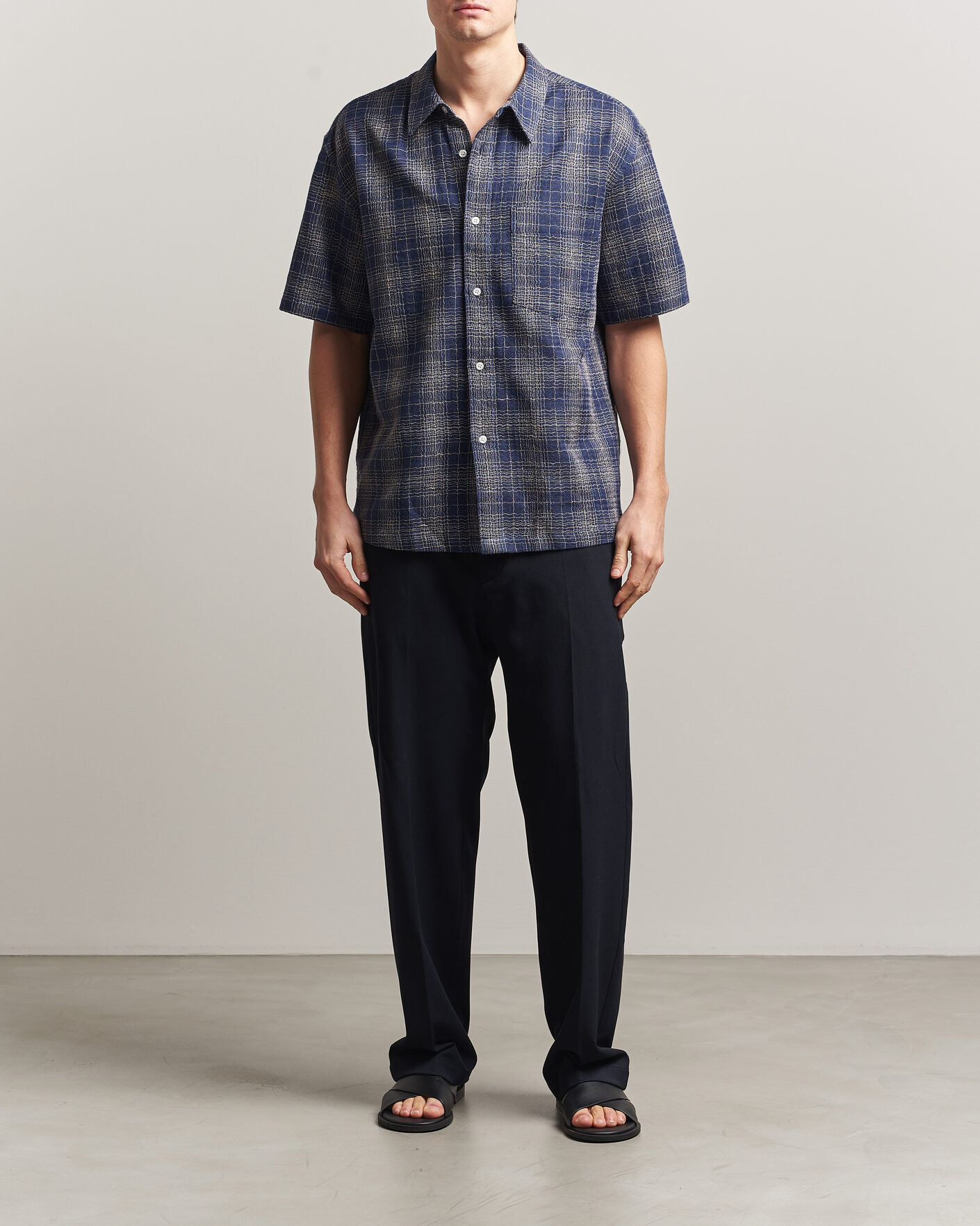 Mies | Kauluspaidat | Palmes | Cotton/Linen Short Sleeve Shirt Navy Check
