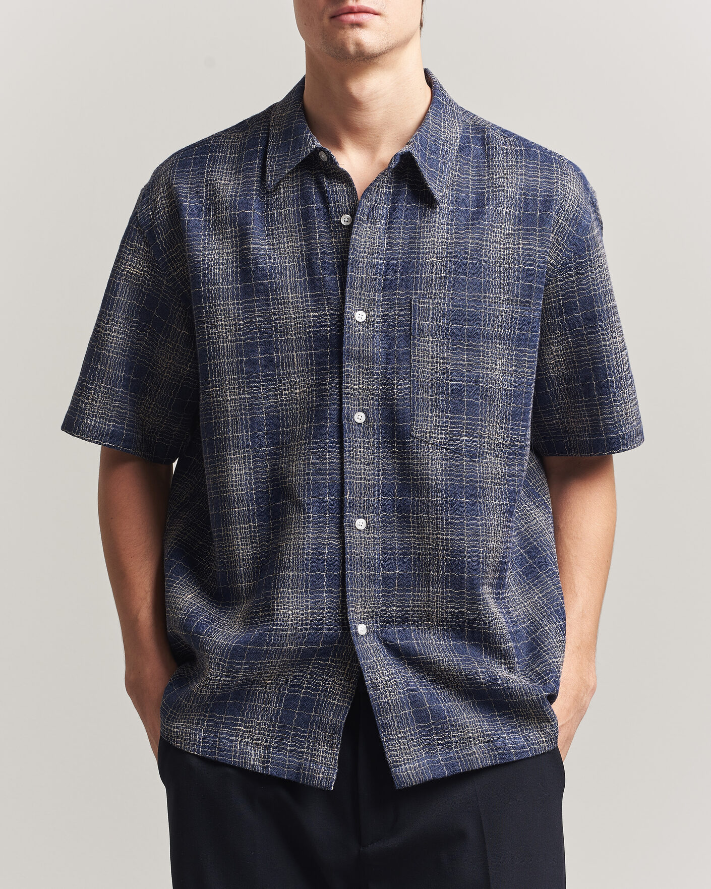 Mies | Kauluspaidat | Palmes | Cotton/Linen Short Sleeve Shirt Navy Check