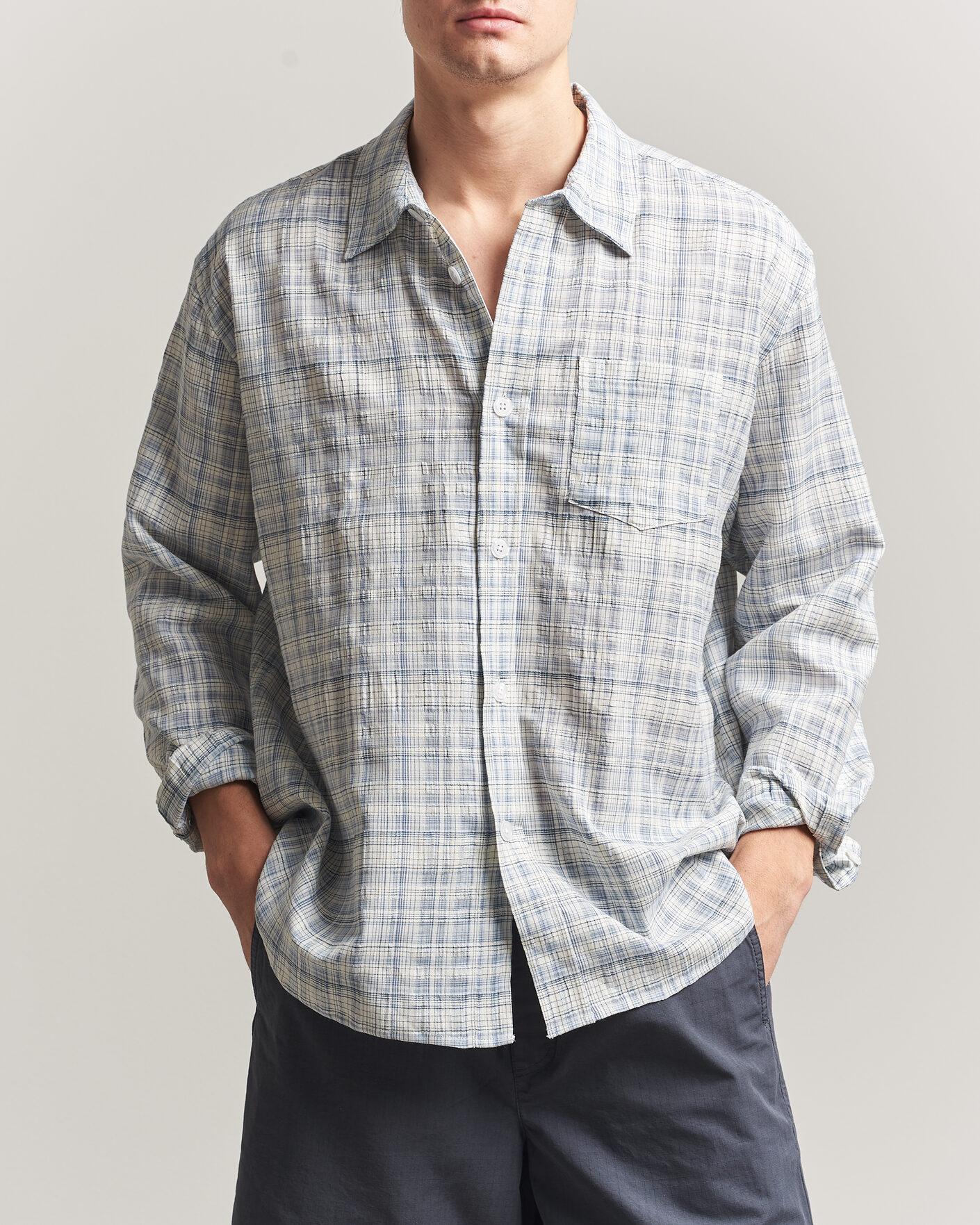 Mies | Kauluspaidat | Palmes | Cotton/Linen Shirt Light Blue Check