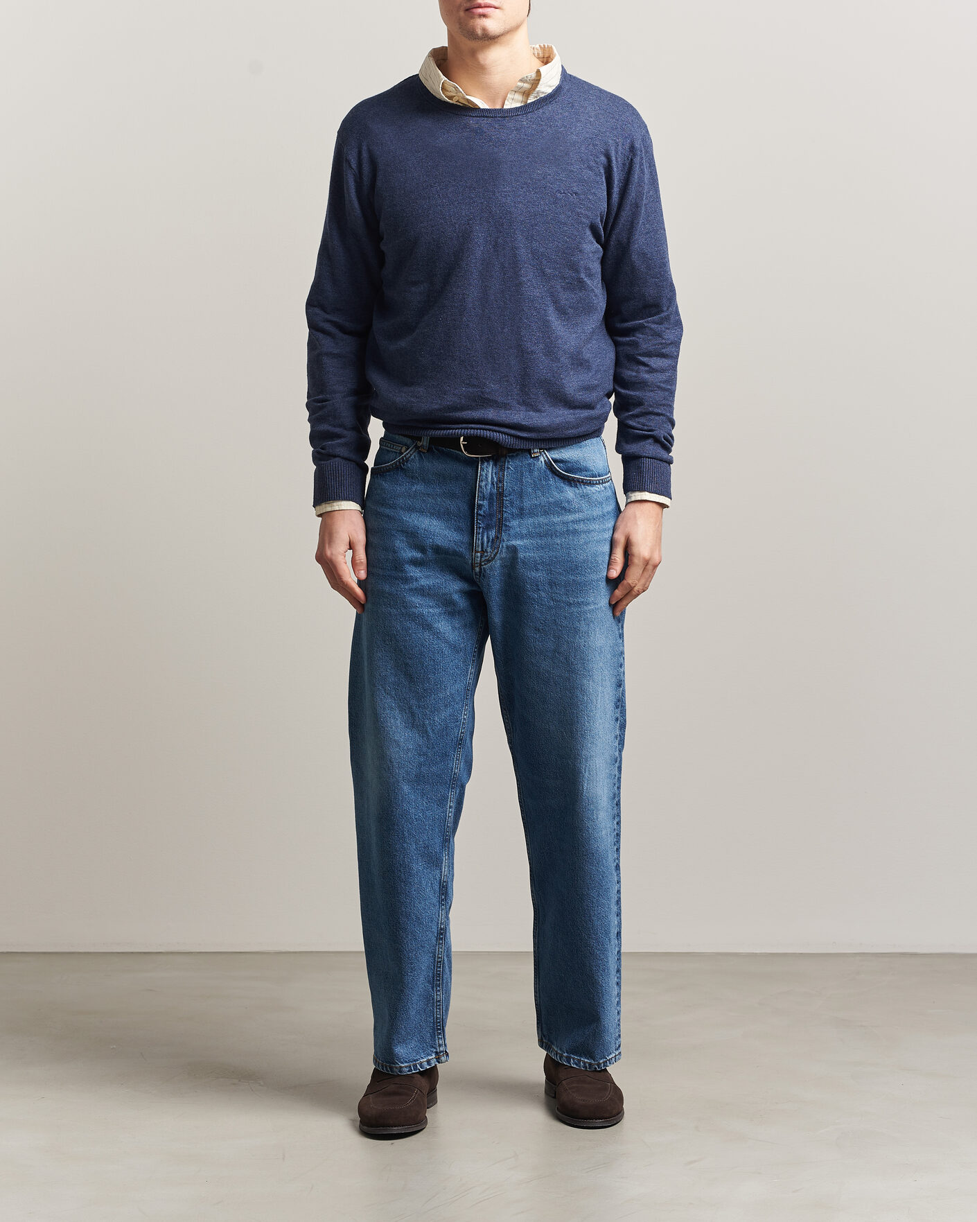 Mies | Puserot | Gant | Cotton/Linen Slub Knitted Sweater Dark Indigo Melange