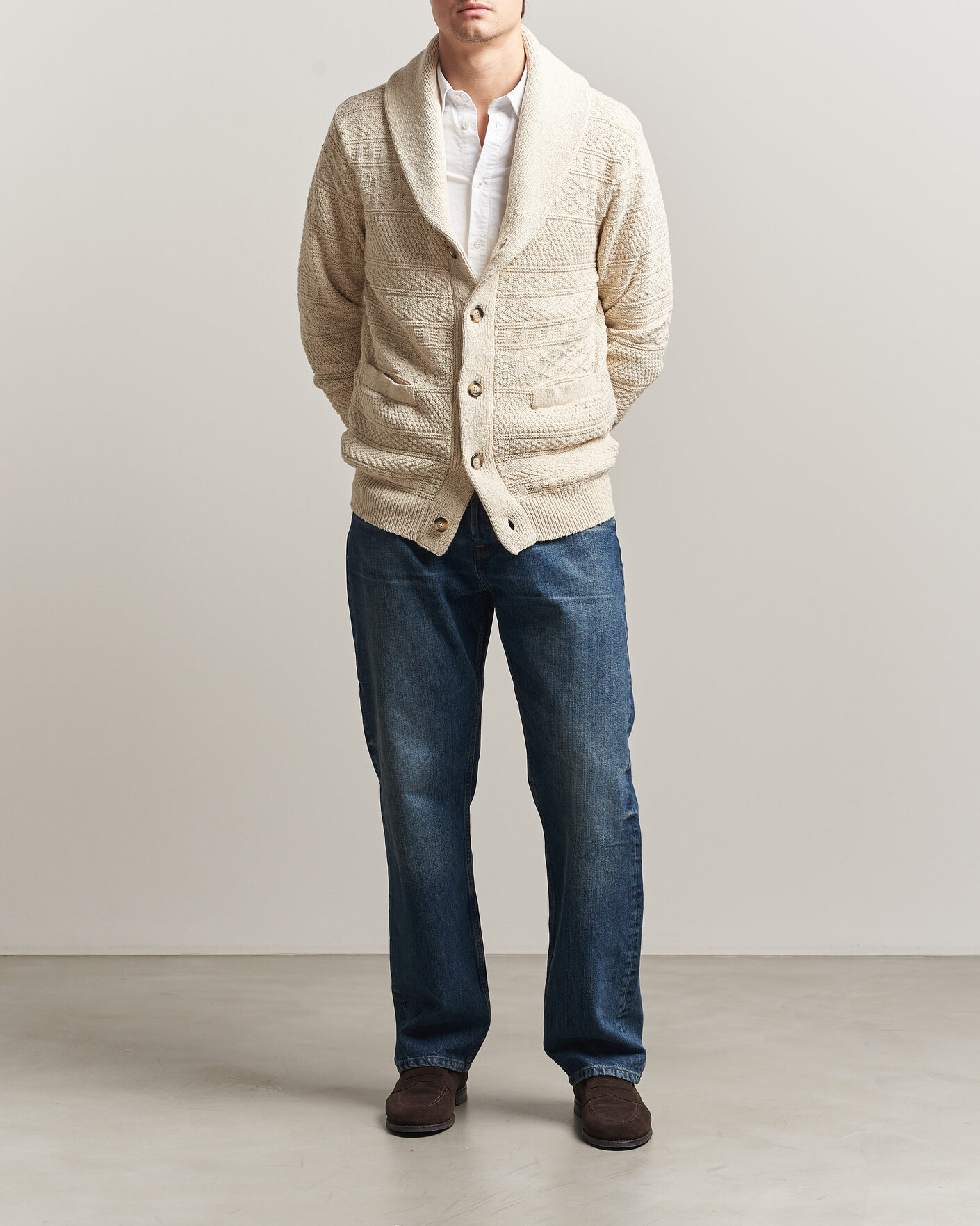 Mies | Puserot | Gant | Cotton/Linen Textured Cardigan Creamed White