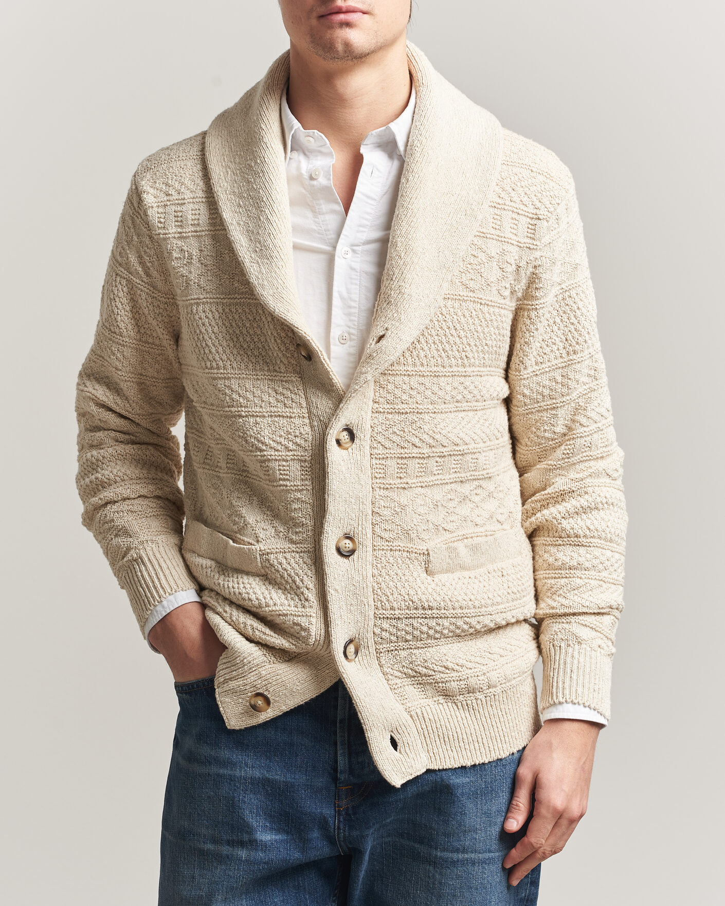 Mies | Puserot | Gant | Cotton/Linen Textured Cardigan Creamed White