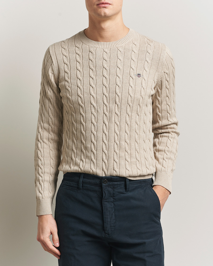 Mies | Puserot | GANT | Cotton Cable Crew Neck Pullover Oat Melange