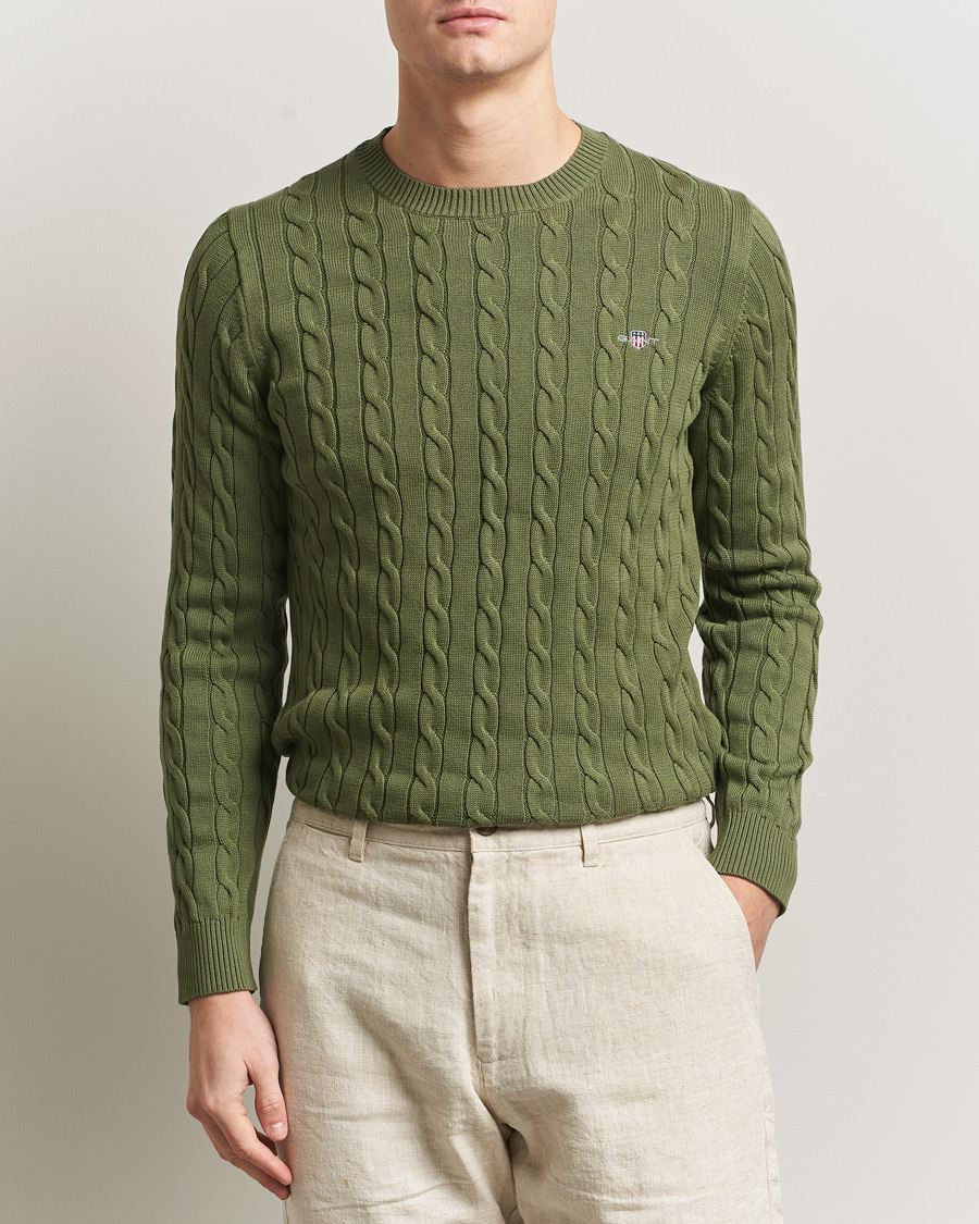 Mies | Puserot | Gant | Cotton Cable Crew Neck Pullover Dry Herb Green