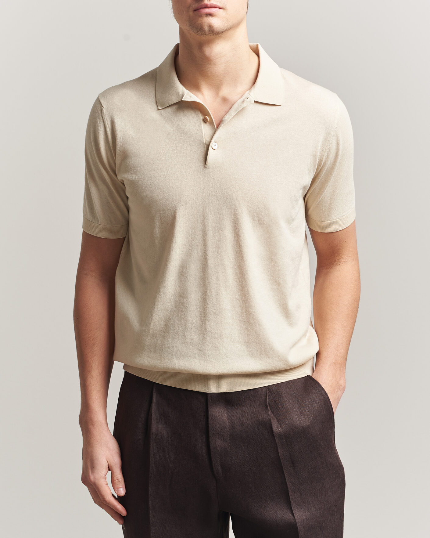 Mies | Pikeet | Piacenza Cashmere | Short Sleeve Knitted Polo Off White