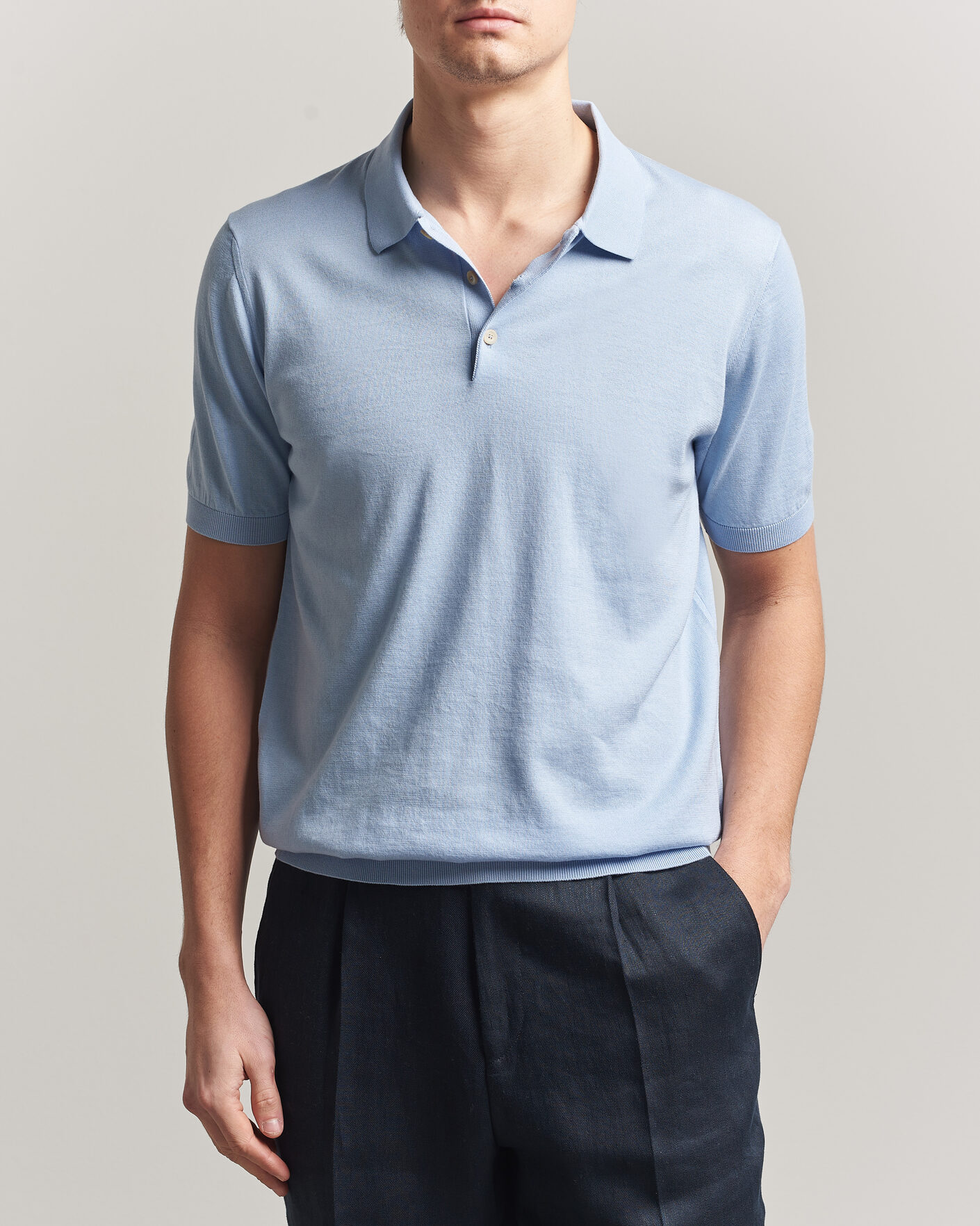 Mies | Pikeet | Piacenza Cashmere | Short Sleeve Knitted Polo Light Blue