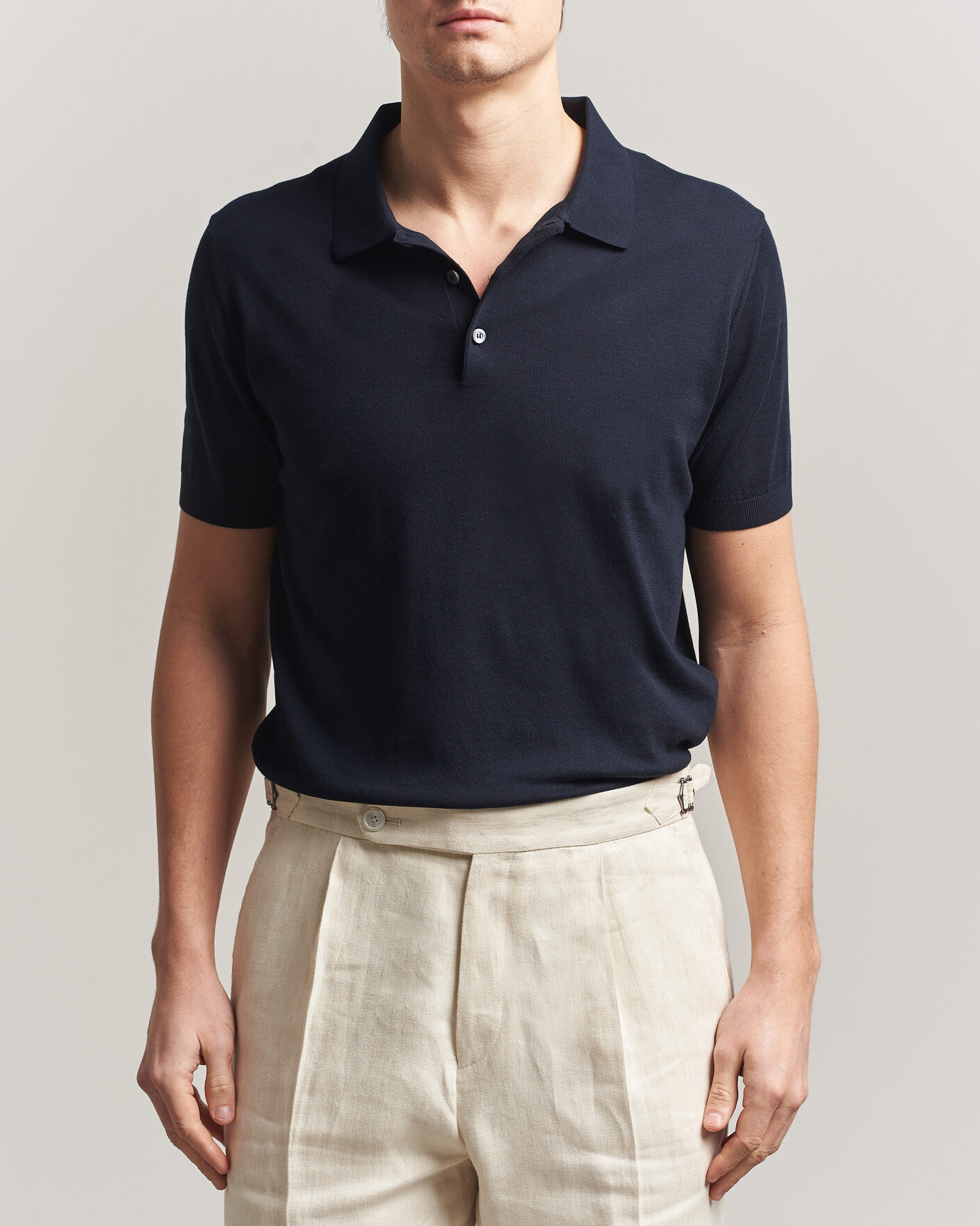 Mies | Pikeet | Piacenza Cashmere | Short Sleeve Knitted Polo Navy