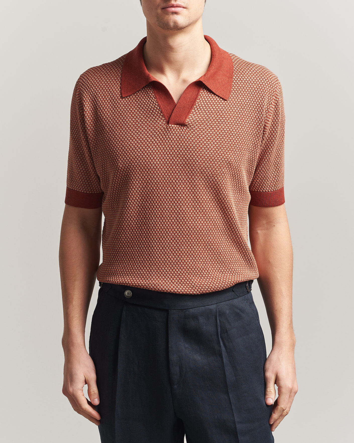 Mies | Pikeet | Piacenza Cashmere | Silk/Linen Honeycomb Knitted Polo Red