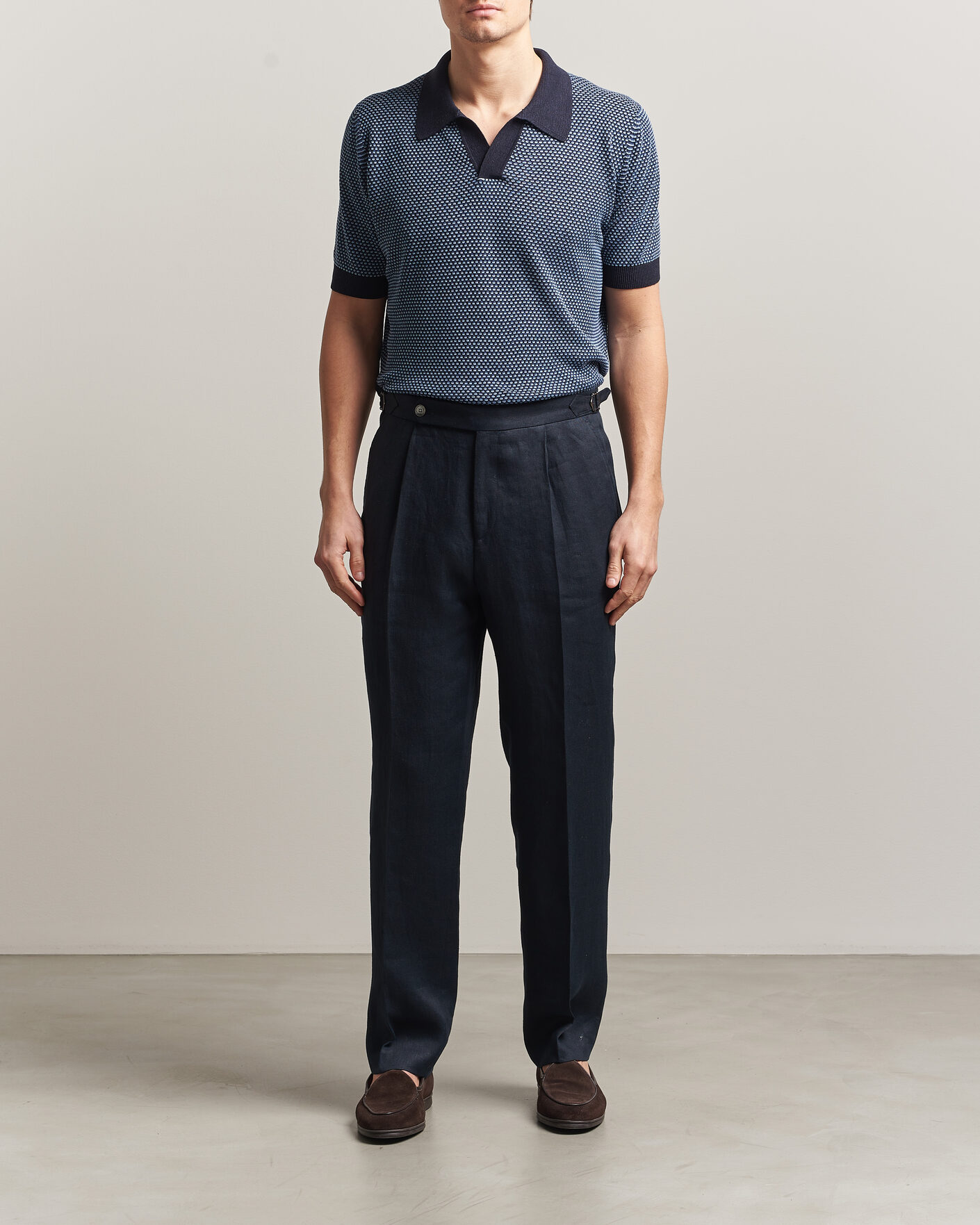 Mies | Pikeet | Piacenza Cashmere | Silk/Linen Honeycomb Knitted Polo Navy