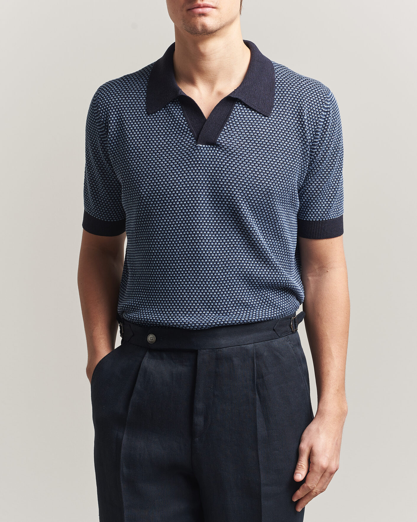 Mies | Pikeet | Piacenza Cashmere | Silk/Linen Honeycomb Knitted Polo Navy