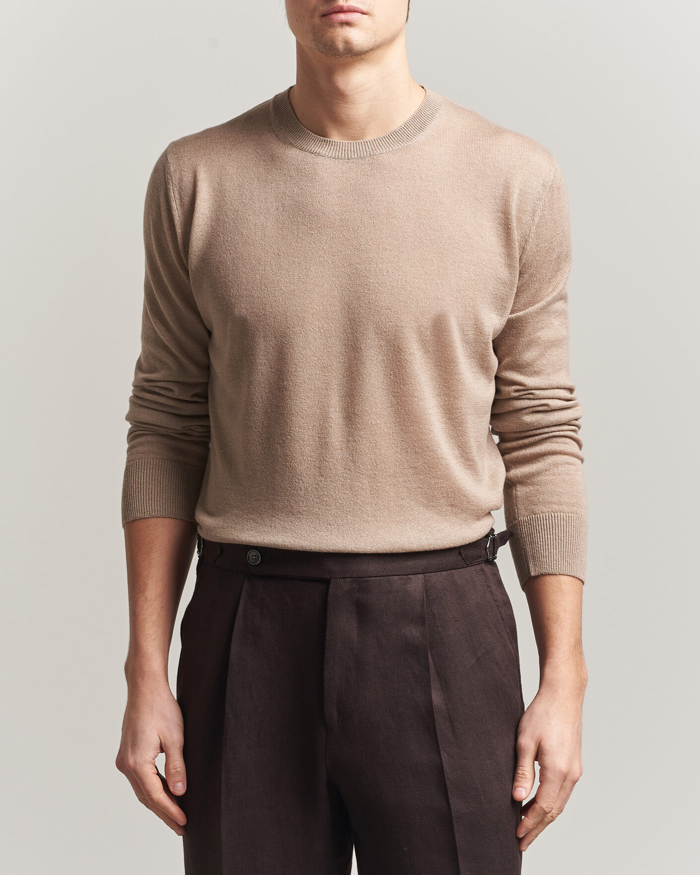 Mies | Puserot | Piacenza Cashmere | Soft Silk/Cashmere Crew Neck Beige