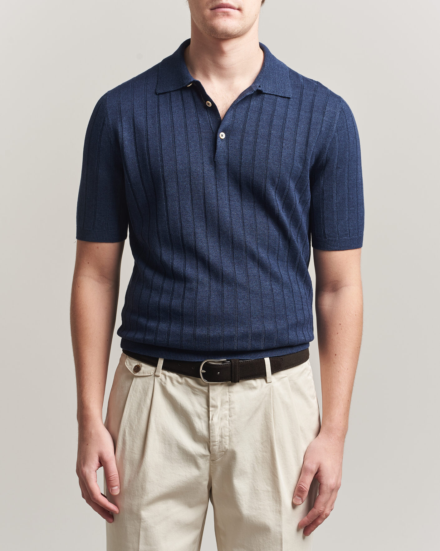 Mies | Pikeet | Boglioli | Short Sleeve Knitted Rib Polo Navy