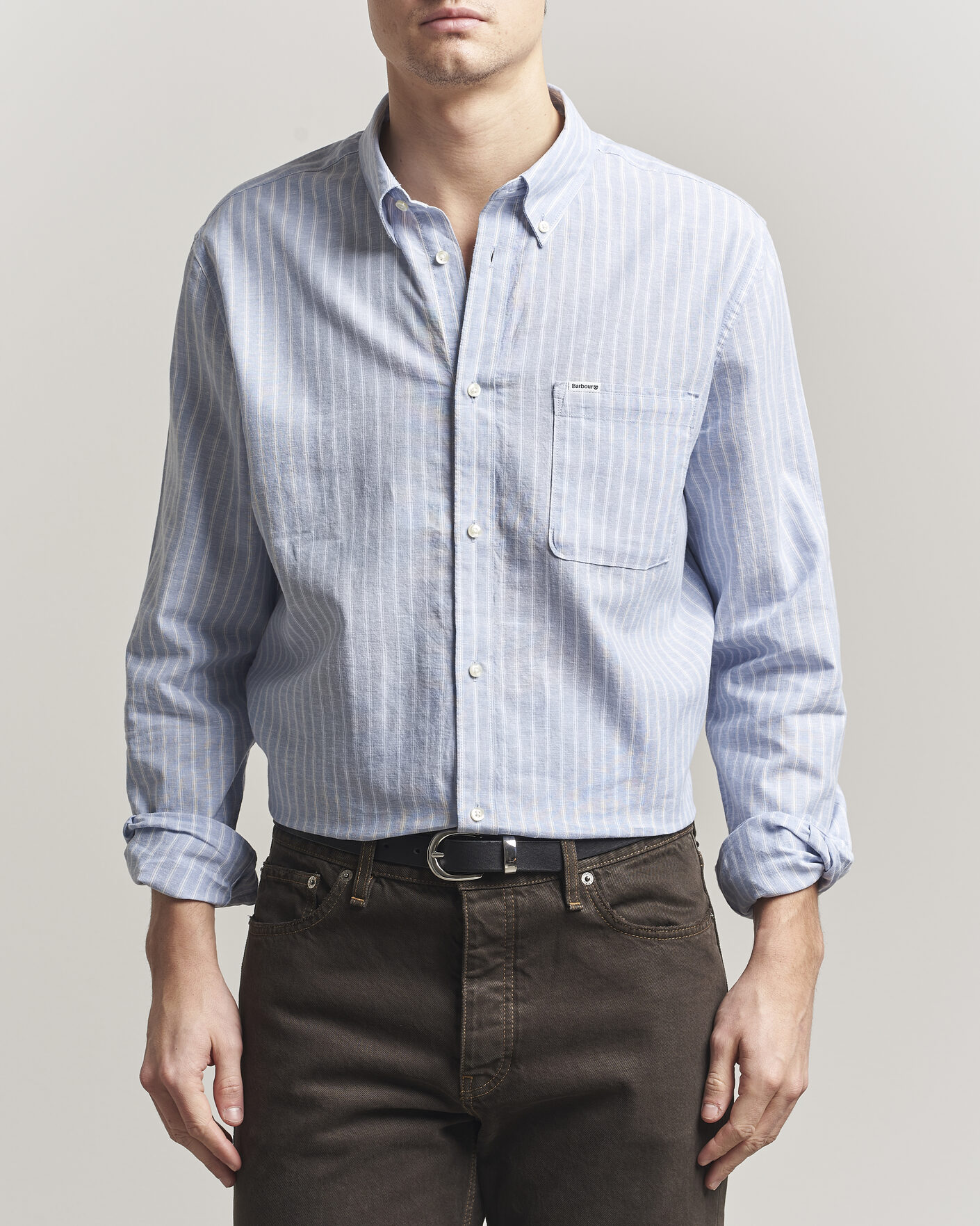 Mies | Kauluspaidat | Barbour Lifestyle | Nelson Striped Linen/Cotton Shirt Blue