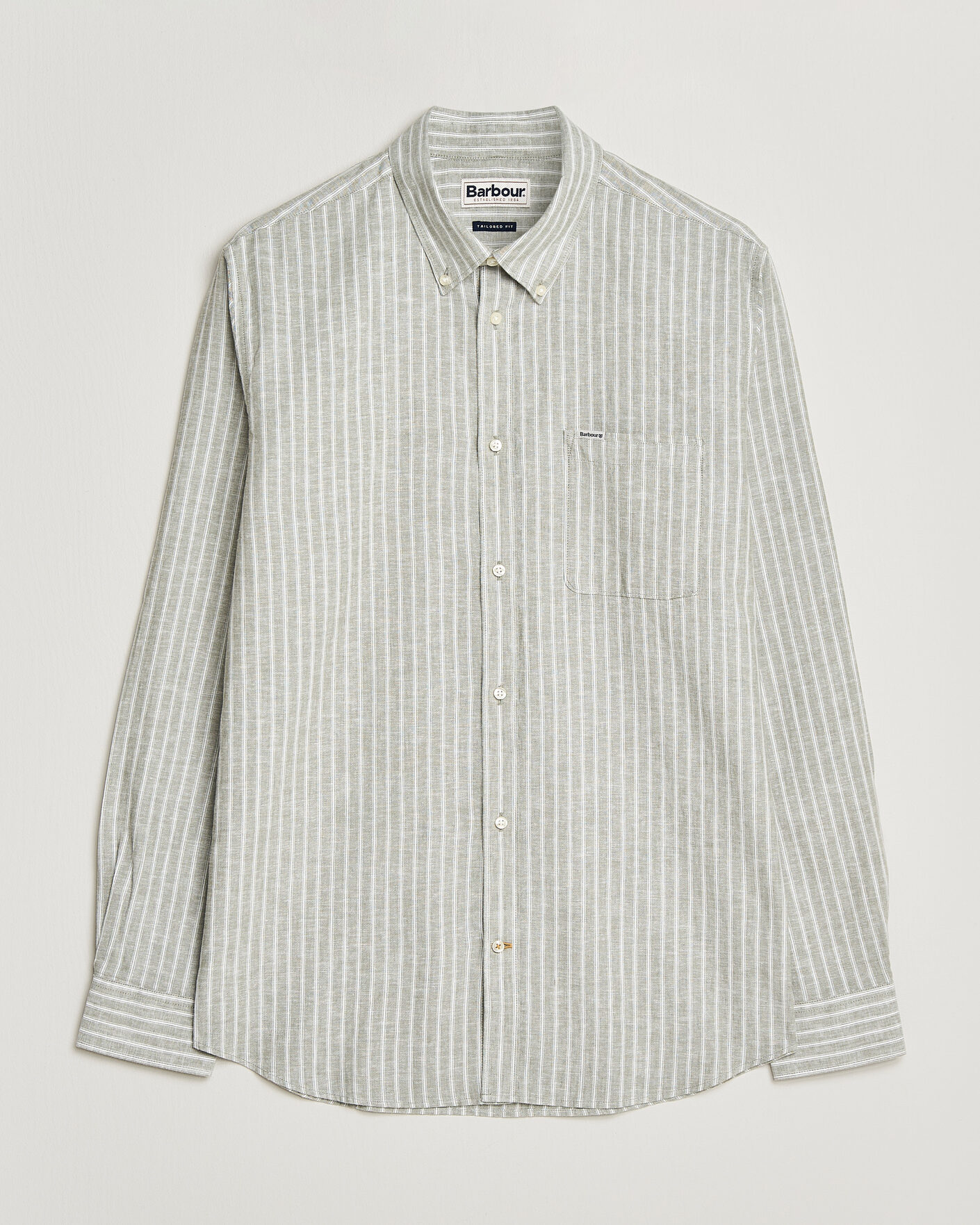 Mies | Kauluspaidat | Barbour Lifestyle | Nelson Striped Linen/Cotton Shirt Bleached Olive