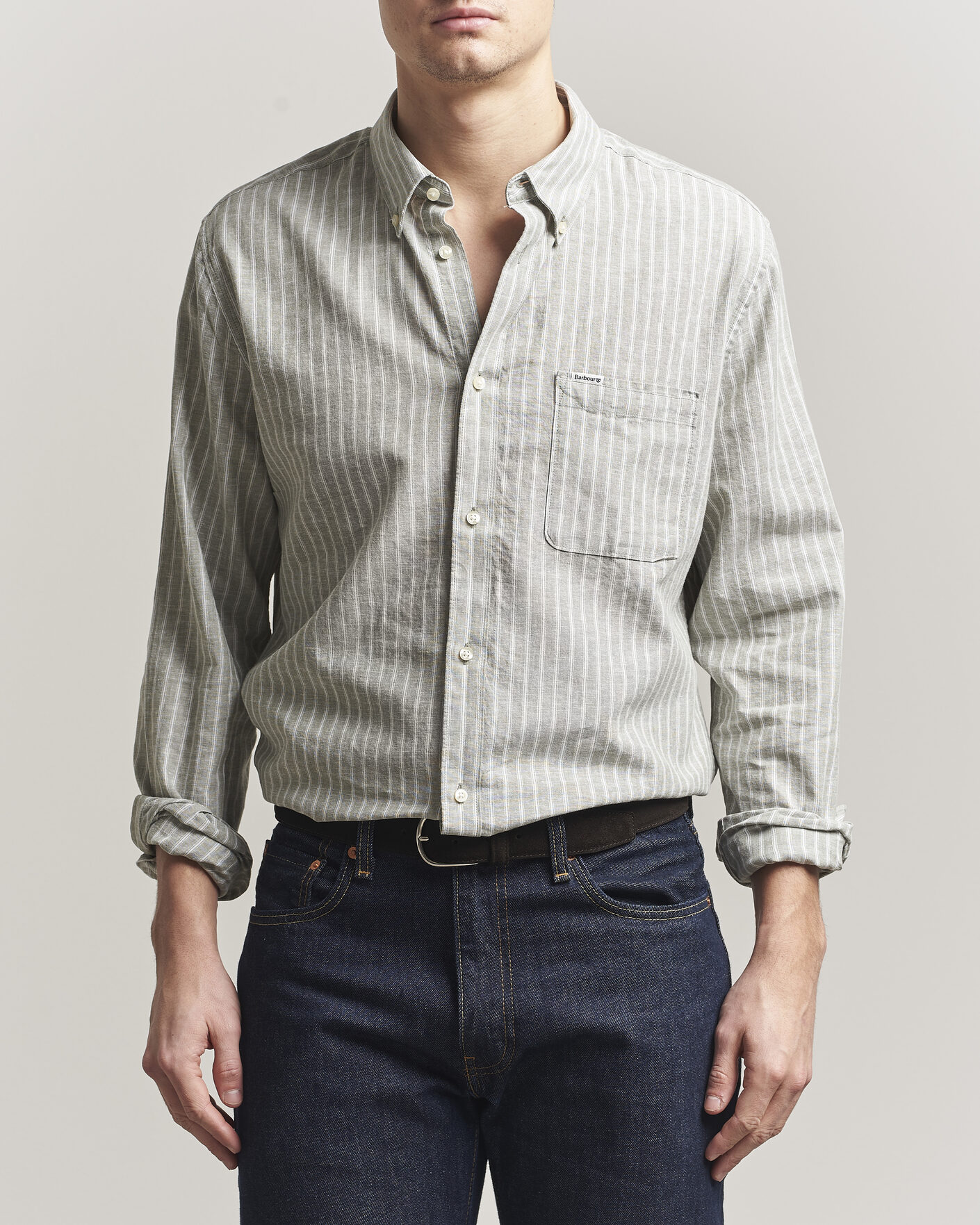 Mies | Kauluspaidat | Barbour Lifestyle | Nelson Striped Linen/Cotton Shirt Bleached Olive