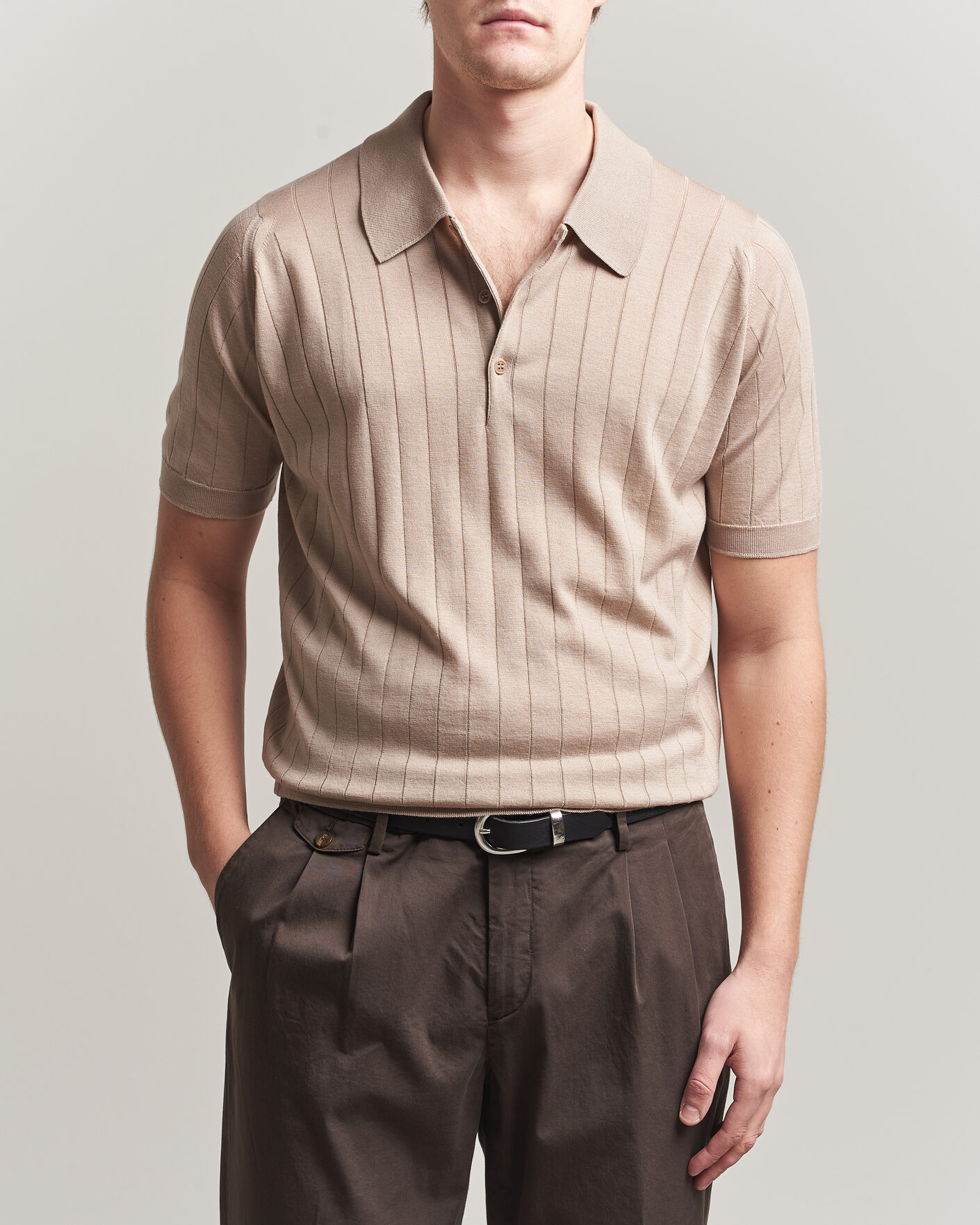 Mies | Pikeet | John Smedley | Williams Merino/Cotton Knitted Polo Oat