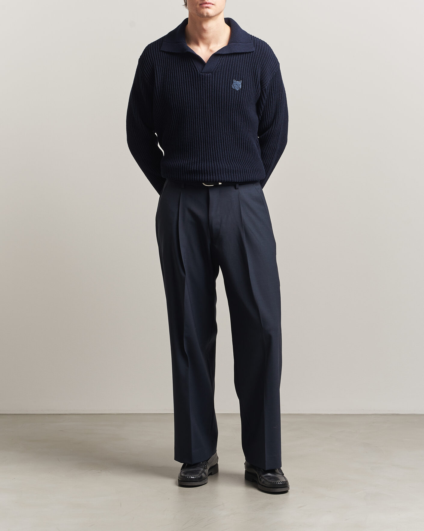 Mies | Pikeet | Maison Kitsuné | Tonal Fox Head Rib Knitted Polo Navy