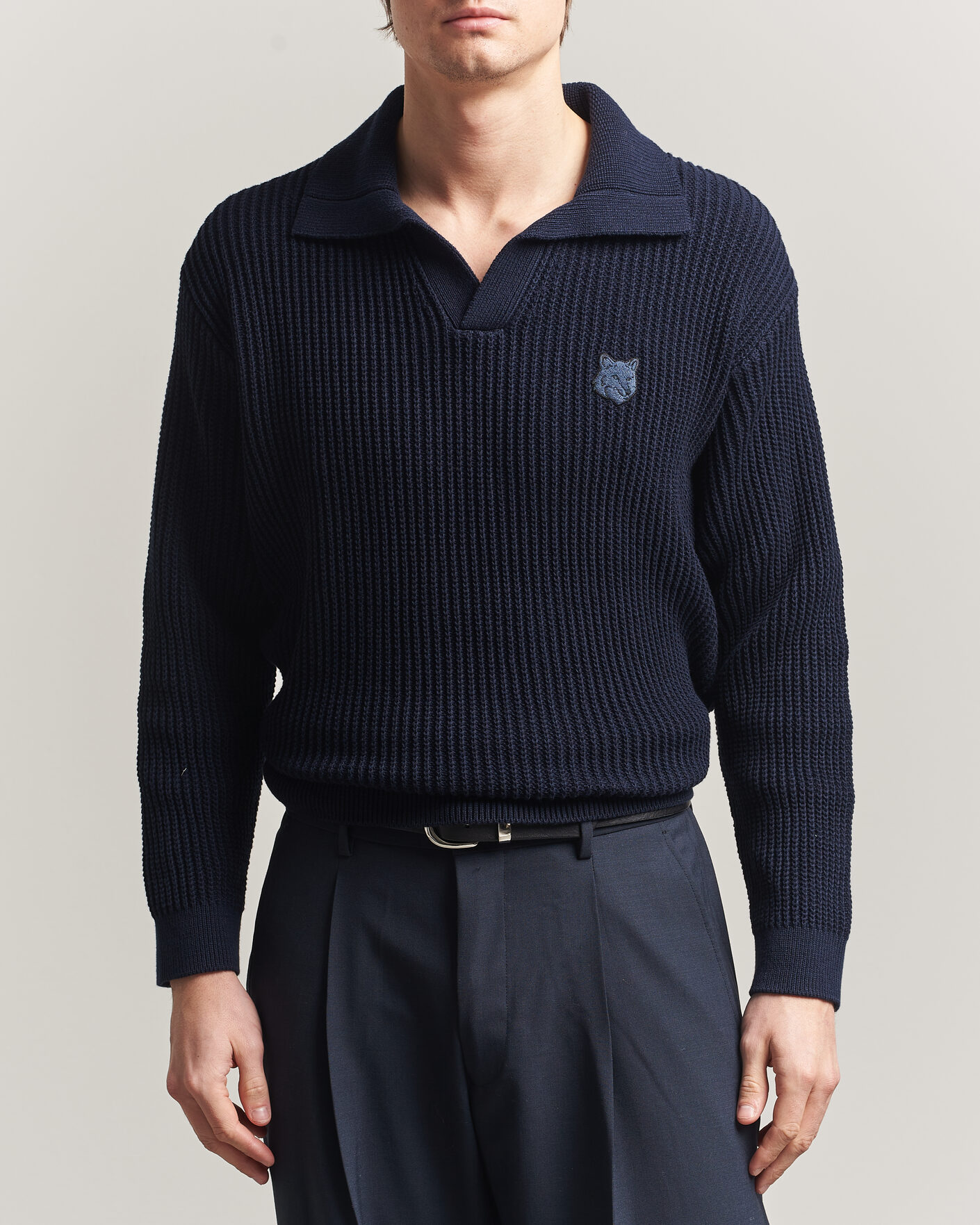 Mies | Pikeet | Maison Kitsuné | Tonal Fox Head Rib Knitted Polo Navy