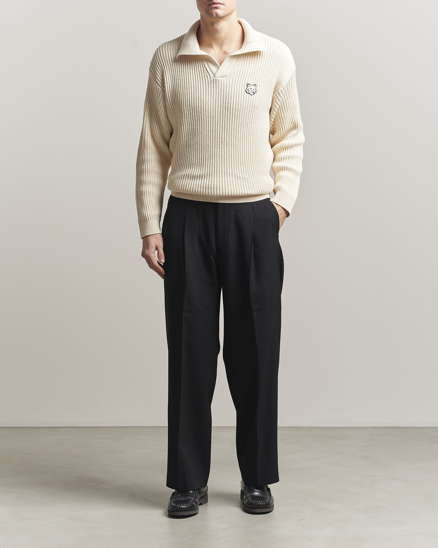 Mies | Pikeet | Maison Kitsuné | Tonal Fox Head Rib Knitted Polo Sandshell