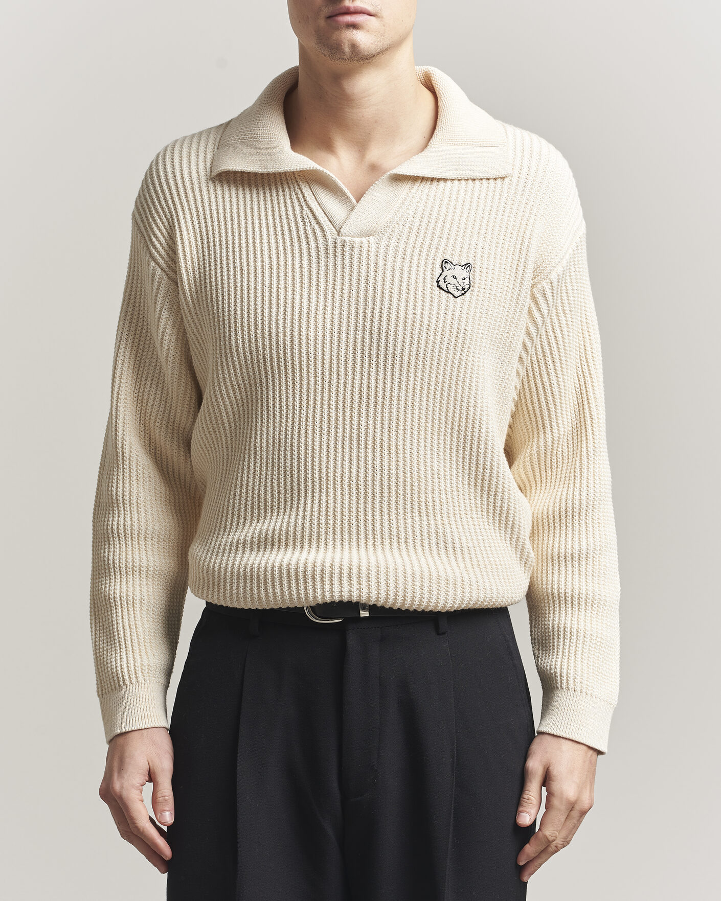 Mies | Pikeet | Maison Kitsuné | Tonal Fox Head Rib Knitted Polo Sandshell