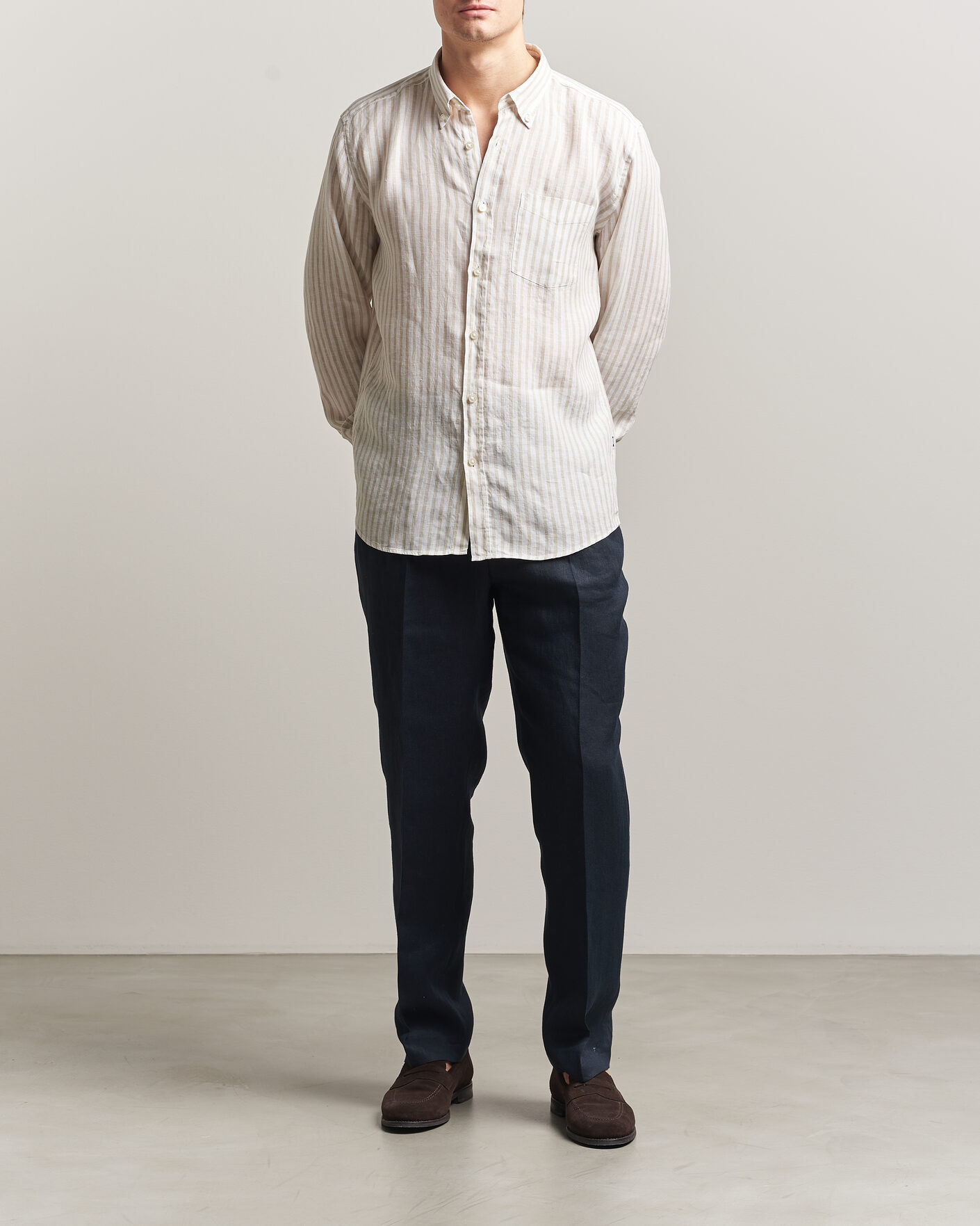 Mies | Kauluspaidat | BOSS BLACK | Liam Striped Linen Shirt Open Beige