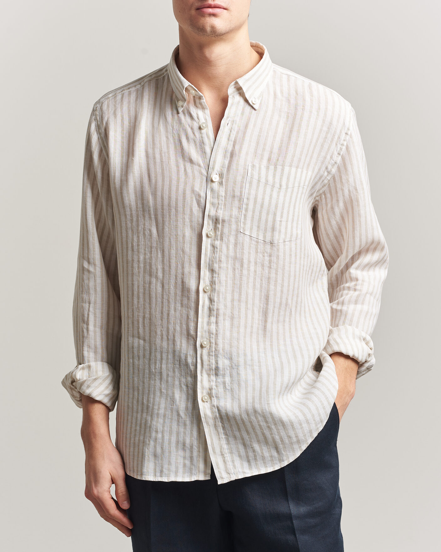 Mies | Kauluspaidat | BOSS BLACK | Liam Striped Linen Shirt Open Beige