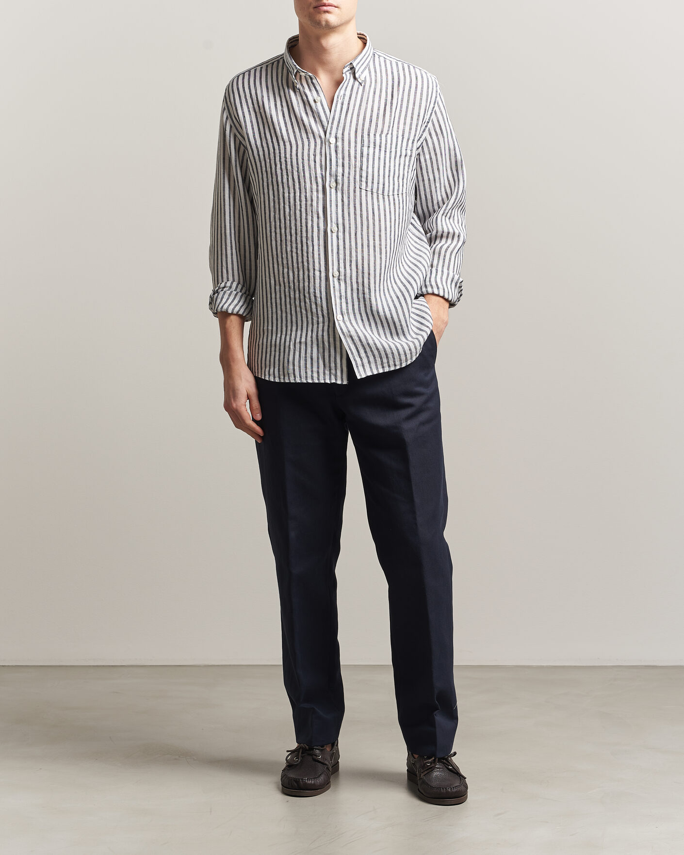 Mies | Kauluspaidat | BOSS BLACK | Liam Striped Linen Shirt Dark Blue