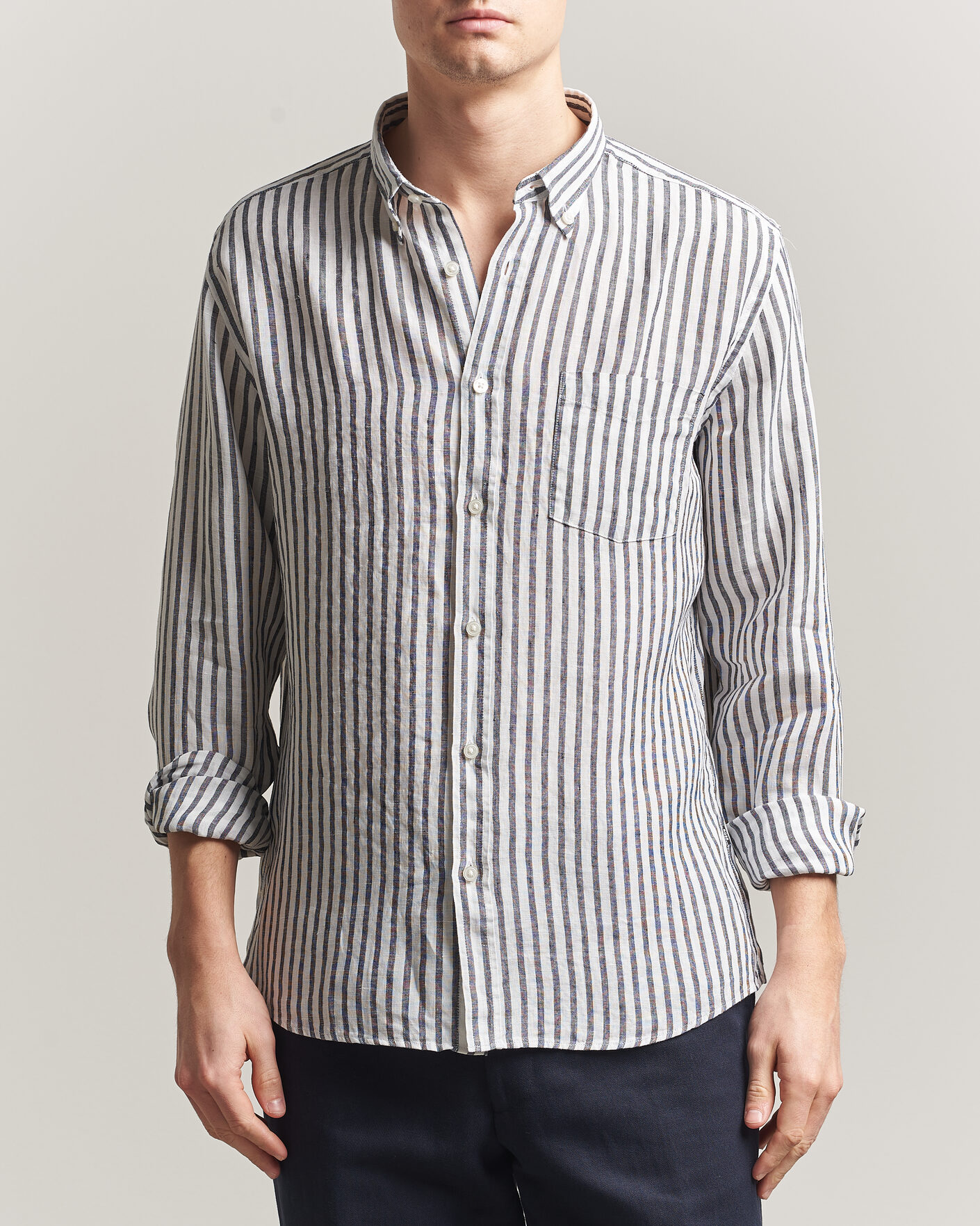 Mies | Kauluspaidat | BOSS BLACK | Liam Striped Linen Shirt Dark Blue